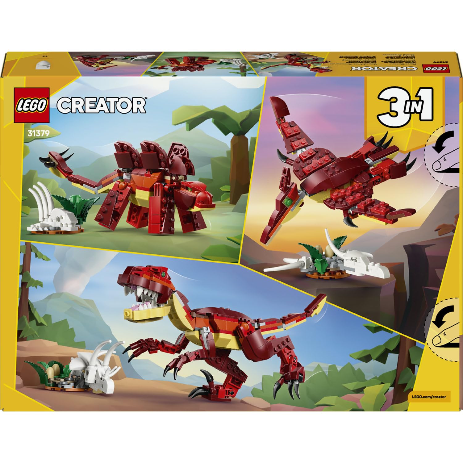 LEGO Creator 3’ü 1 Arada Vahşi Dinozor 31379 – 8 Yaş ve Üzeri Çocuklar için Velociraptor, Stegosaurus veya Pterosaura Dönüşebilen Yaratıcı Oyuncak Yapım Seti, Eğlenceli Hediye Fikri (283 Parça)