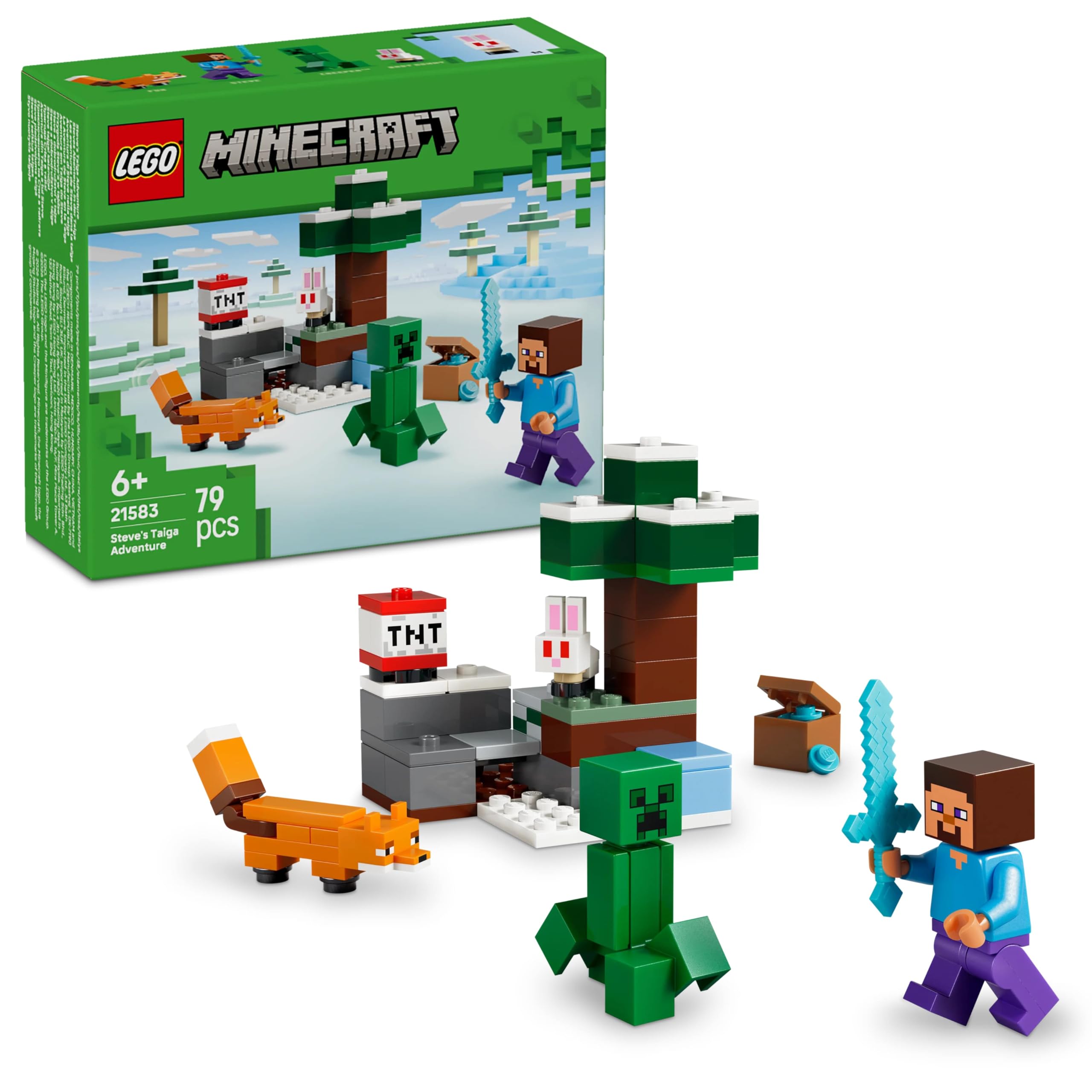 LEGO Minecraft Steve’in Tayga Macerası 21583-6 Yaş ve Üzeri Kız ve Erkek Çocuklar için Steve Minifigürü ile Creeper ve Tilki Figürleri İçeren Yaratıcı Oyuncak Yapım Seti, Hediye Fikri (79 Parça)