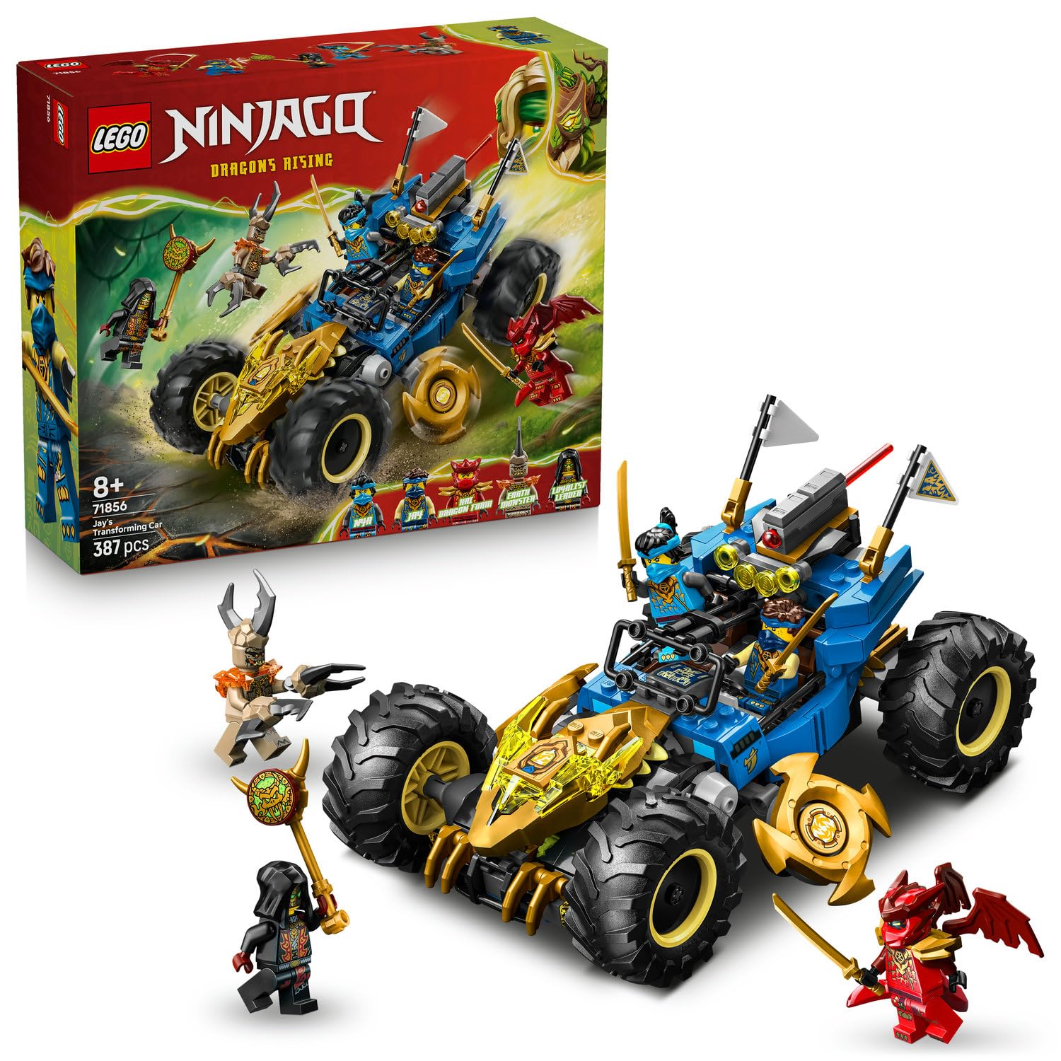 LEGO NINJAGO Jay'in Dönüşen Arabası 71856-8 Yaş ve Üzeri Çocuklar için Jay, Nya, Kai, Kötü Toprak Canavarı ve Sadık Lider Minifigürleri İçeren Yaratıcı Oyuncak Yapım Seti, Hediye Fikri (387 Parça)