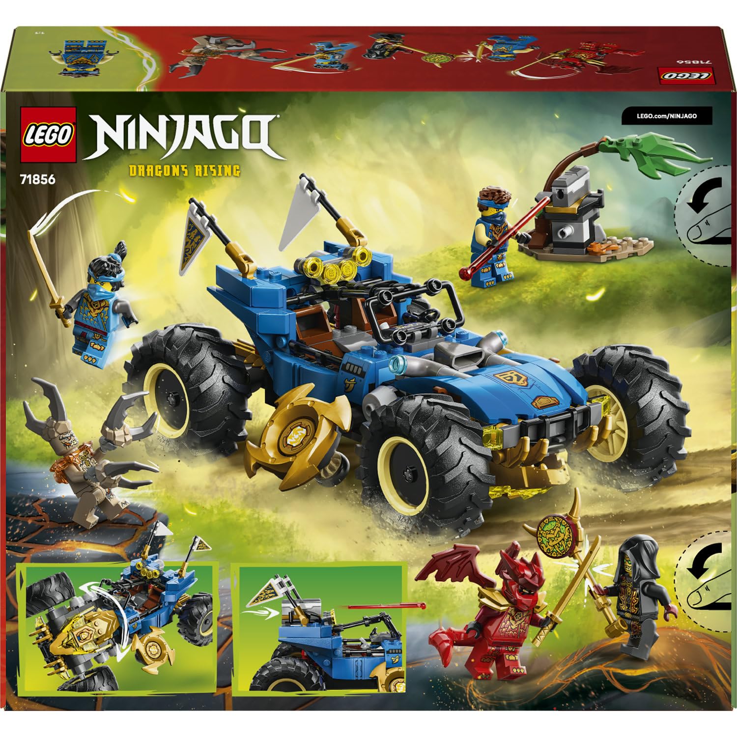 LEGO NINJAGO Jay'in Dönüşen Arabası 71856-8 Yaş ve Üzeri Çocuklar için Jay, Nya, Kai, Kötü Toprak Canavarı ve Sadık Lider Minifigürleri İçeren Yaratıcı Oyuncak Yapım Seti, Hediye Fikri (387 Parça)