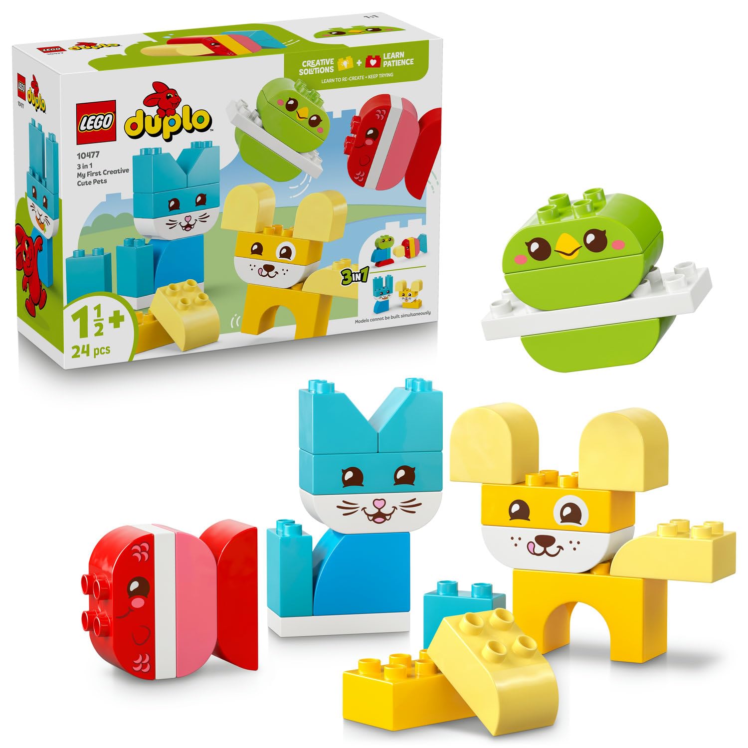 LEGO DUPLO İlk 3'ü 1 Arada Yaratıcı Sevimli Hayvanlar 10477-1.5 Yaş ve Üzeri Çocuklar için Köpek, Kedi ve Tavşan Dahil 8 Hayvan Oluşturma Seçeneği İçeren Oyuncak Yapım Seti, Hediye Fikri (24 Parça)