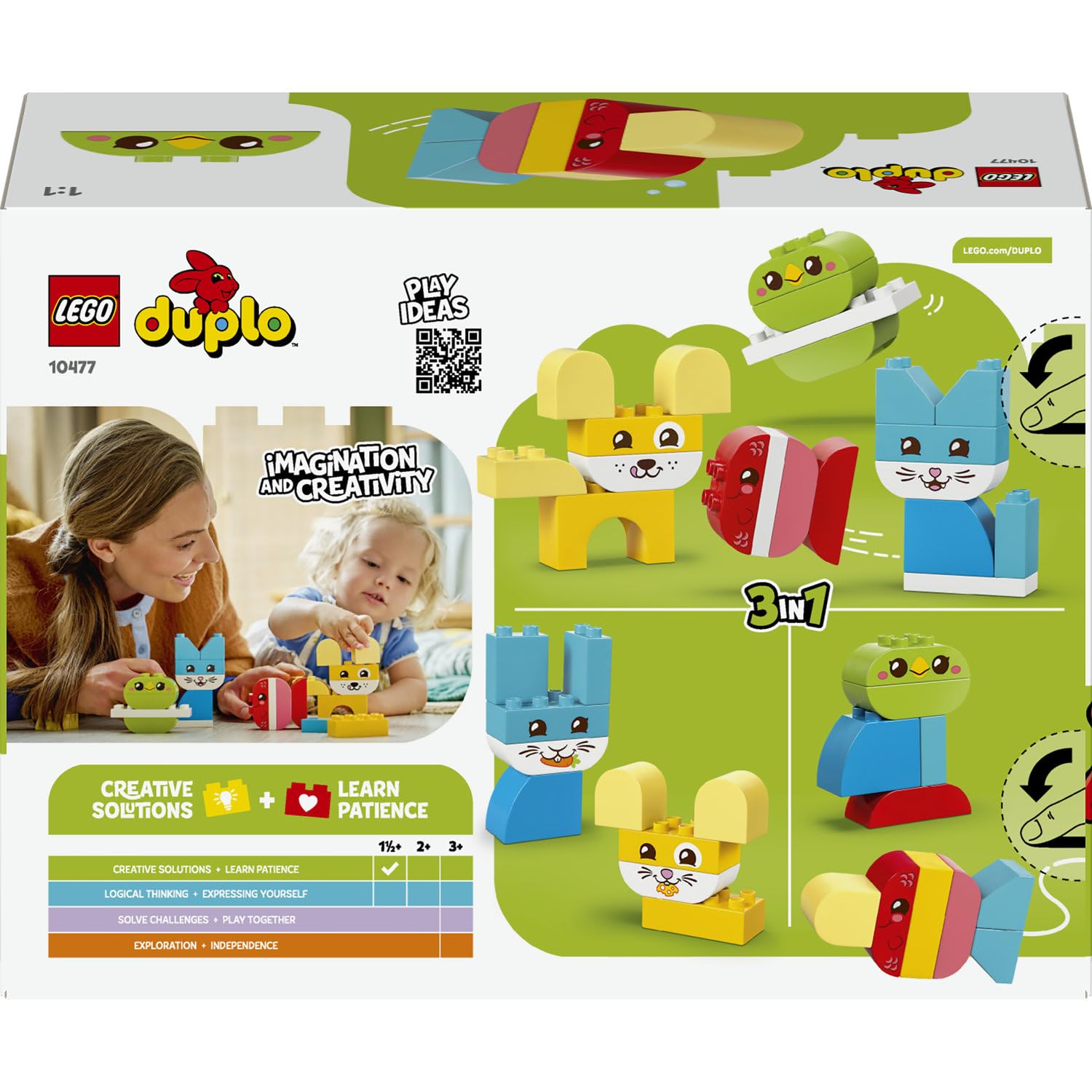 LEGO DUPLO İlk 3'ü 1 Arada Yaratıcı Sevimli Hayvanlar 10477-1.5 Yaş ve Üzeri Çocuklar için Köpek, Kedi ve Tavşan Dahil 8 Hayvan Oluşturma Seçeneği İçeren Oyuncak Yapım Seti, Hediye Fikri (24 Parça)