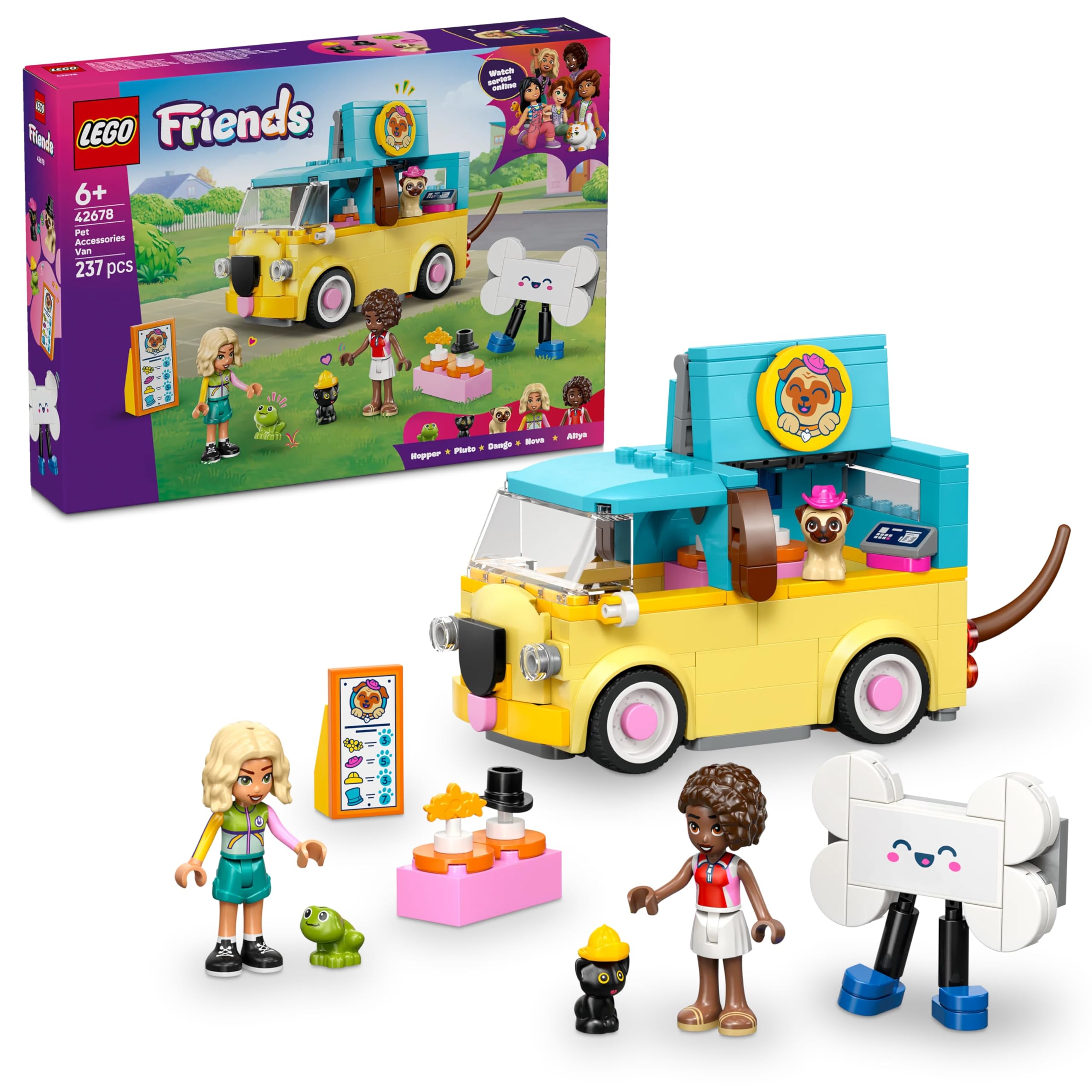 LEGO Friends Evcil Hayvan Aksesuar Kamyoneti 42678 – 6 Yaş ve Üzeri Çocuklar için Nova ve Aliya Mini Bebekleri ile Kedi, Köpek ve Kurbağa Figürleri İçeren Oyuncak Yapım Seti, Hediye Fikri (237 Parça)