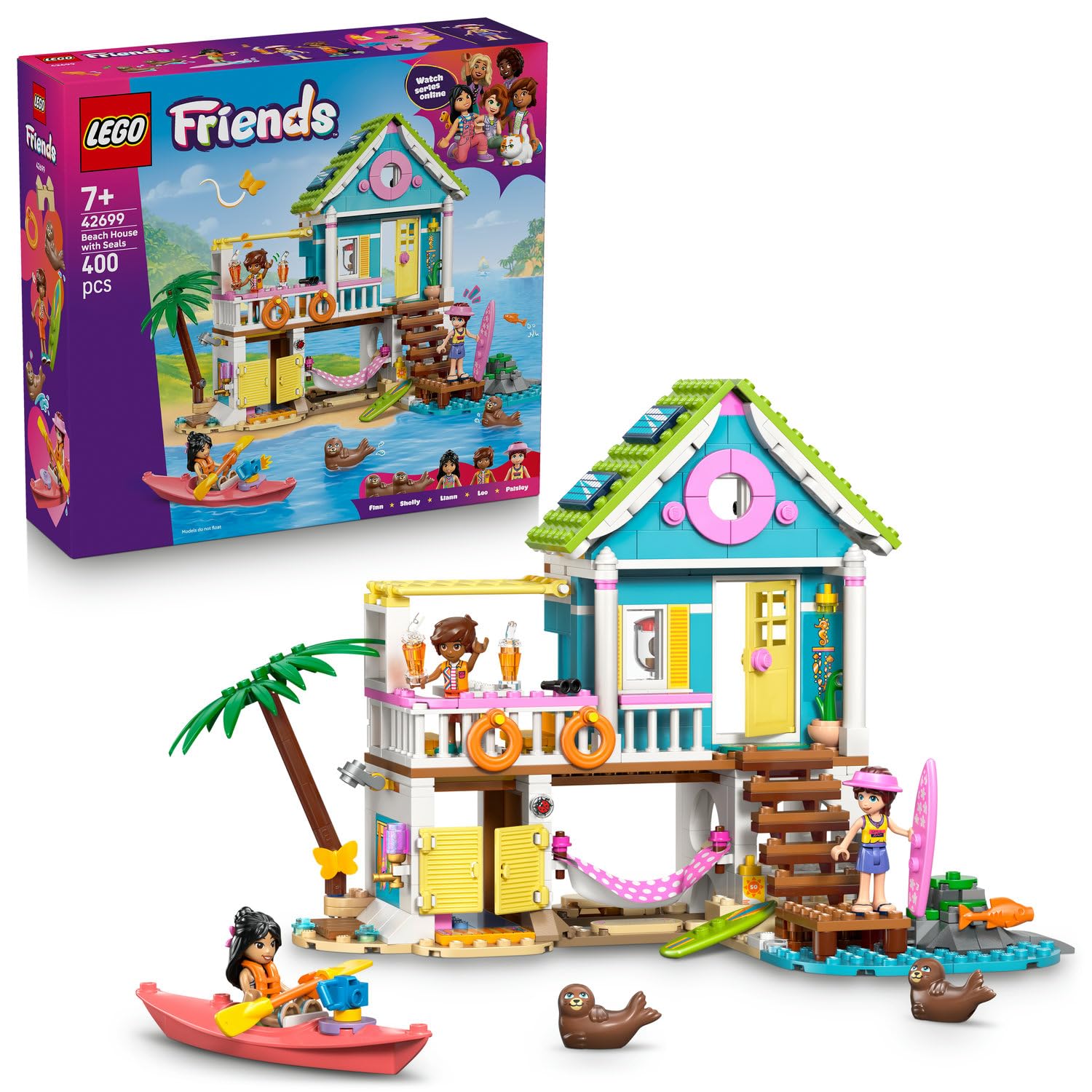 LEGO Friends Fok Balıklı Yazlık Ev 42699 – 7 Yaş ve Üzeri Çocuklar için Leo, Liann ve Paisley Mini Bebekleri ile 2 Oyuncak Hayvan İçeren Yaratıcı Oyuncak Yapım Seti, Hediye Fikri (400 Parça)
