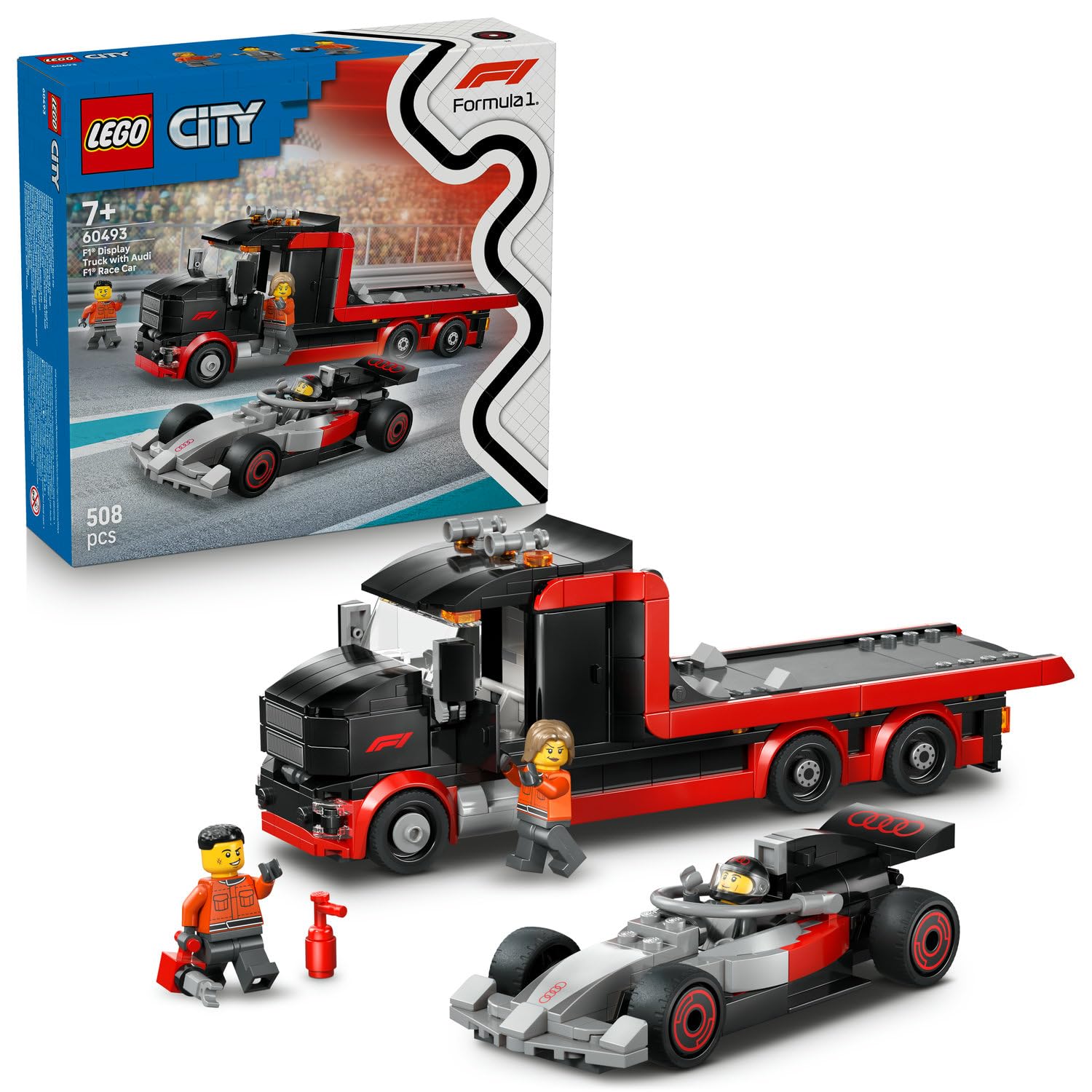 LEGO City Audi F1 Yarış Arabalı F1 Sergileme Kamyonu 60493 – 7 Yaş ve Üzeri Çocuklar için Audi Pilot