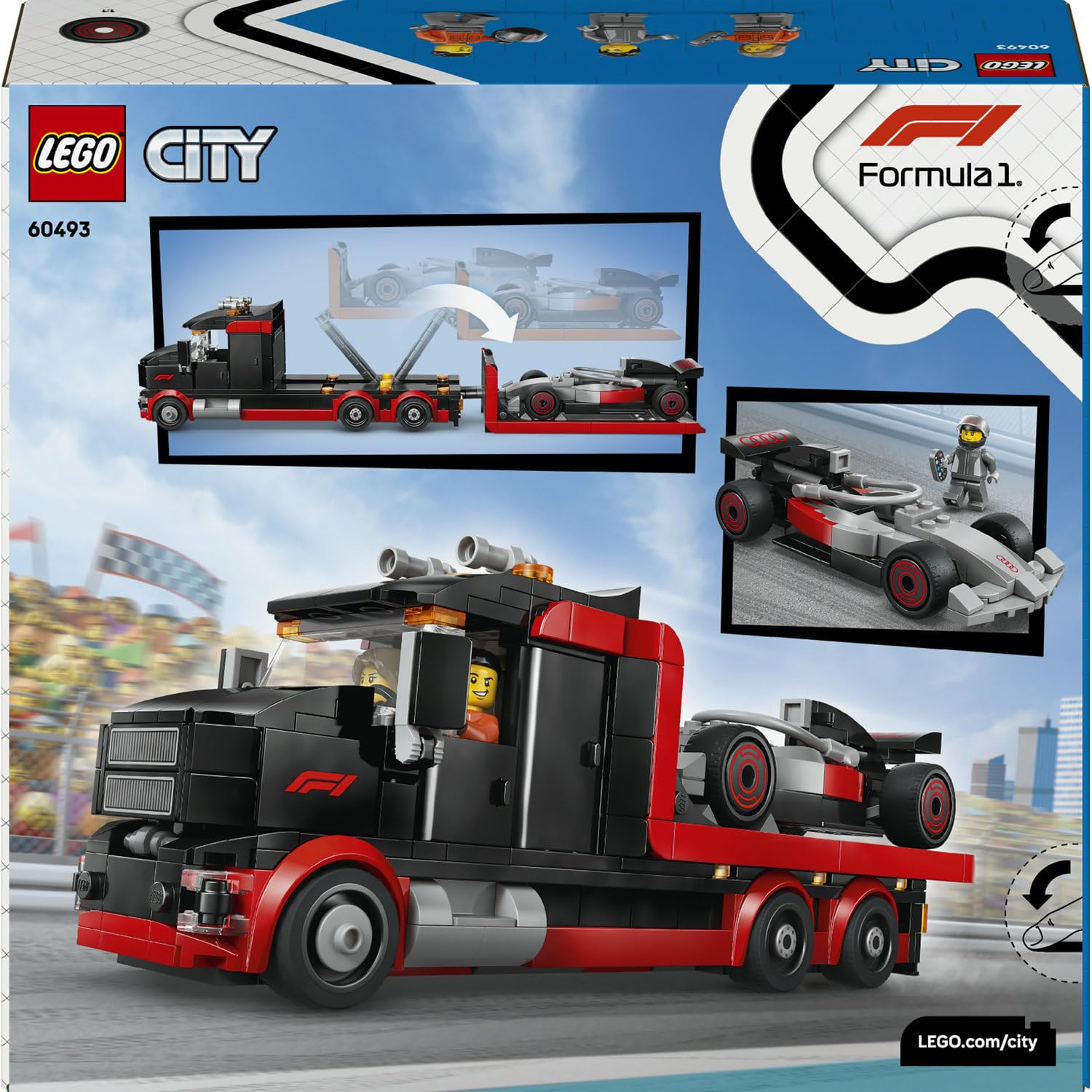 LEGO City Audi F1 Yarış Arabalı F1 Sergileme Kamyonu 60493 – 7 Yaş ve Üzeri Çocuklar için Audi Pilot