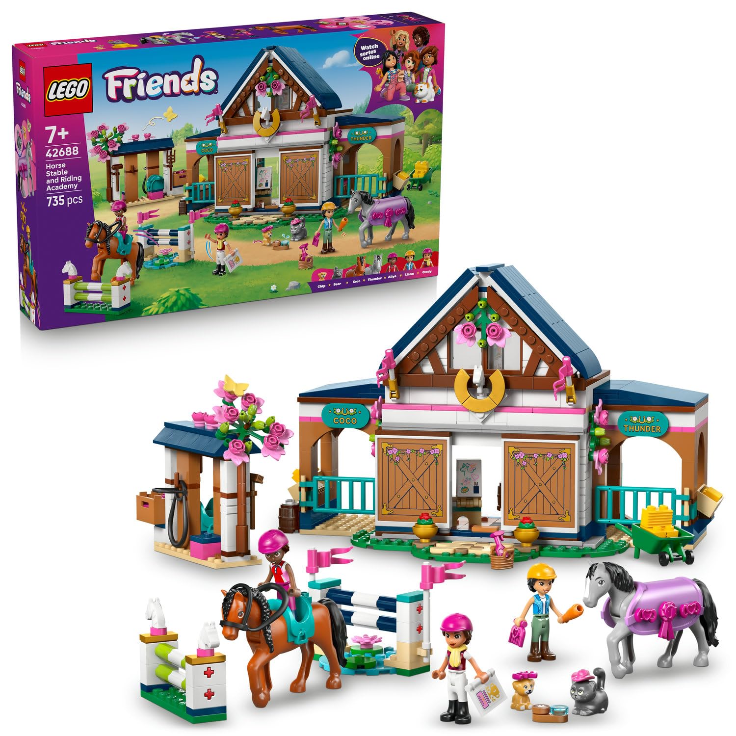 LEGO Friends At Ahırı ve Binicilik Akademisi 42688 – 7 Yaş ve Üzeri Çocuklar için Liann, Aliya ve Cindy Mini Bebekleri ve 4 Hayvan Figürü İçeren Yaratıcı Oyuncak Yapım Seti, Hediye Fikri (735 Parça)