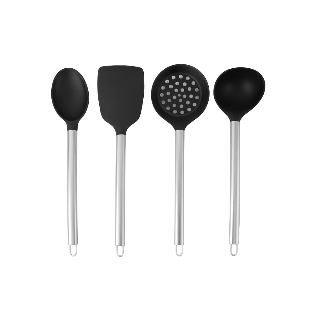 VIVALUXE 4 Parça Silikon Mutfak Seti, Isıya Dayanıklı BPA’sız Silikon Uçlar, 304 Paslanmaz Çelik Saplı Kepçe, Spatula, Kevgir ve Servis Kaşığı, Çizmez ve Bulaşık Makinesinde Yıkanabilir