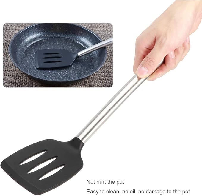 VIVALUXE 4 Parça Silikon Mutfak Seti, Isıya Dayanıklı BPA’sız Silikon Uçlar, 304 Paslanmaz Çelik Saplı Kepçe, Spatula, Kevgir ve Servis Kaşığı, Çizmez ve Bulaşık Makinesinde Yıkanabilir