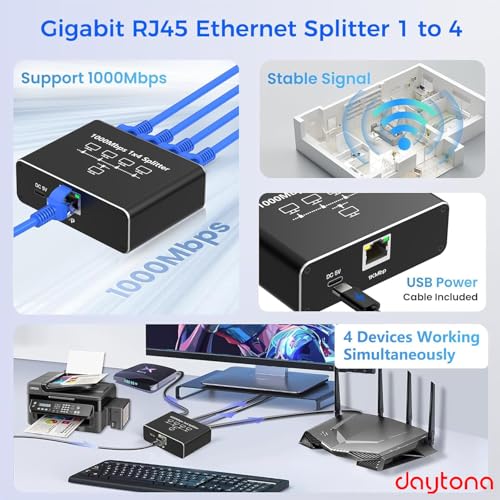 Daytona ZR889 1000Mbps İnternet Hızı, Cat 8, Cat 7, Cat 6 Için Type C Güç Kablosu ile RJ45 Network Splitter Bilgisayarlar, TV'ler, Yönlendiriciler Için Adaptör 1to4