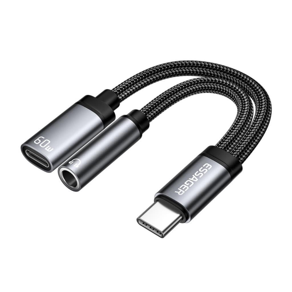 Essager 60W Şarj 2in1 Type-C to Aux Dönüştürücü Çevirici Hızlı Şarj +3.5mm Kulaklık Çıkışı, Hifi Ses ve Hızlı Şarj Adaptörü
