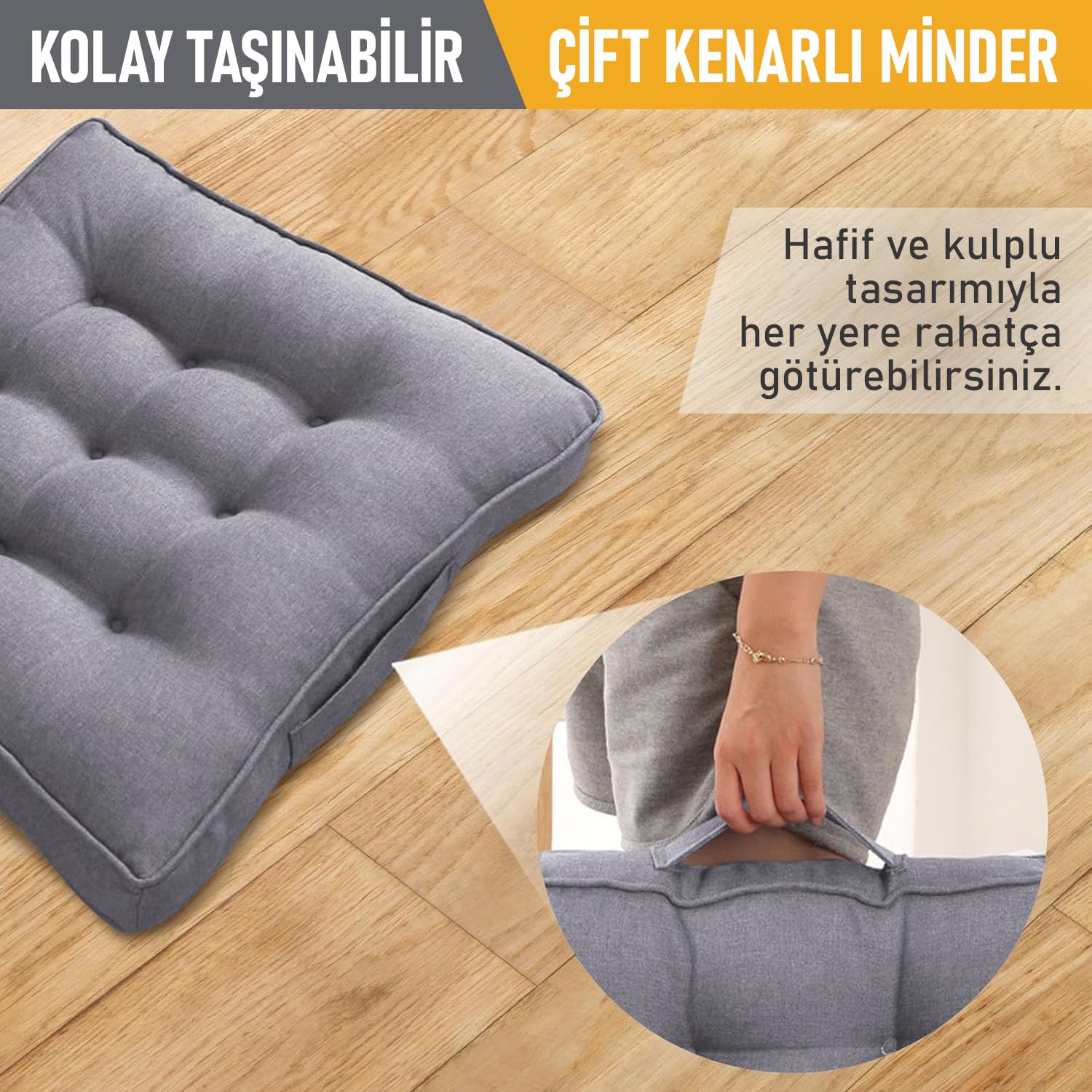 Haegs Sandalye Minderi, Çift Kenarlı, Taşıma Kulplu, Punterez Puntolu Elyaf Dolgulu Mutfak Yemek Sandalyeleri için Kare Oturma Minderi, Ofis Masası için Yumuşak Konforlu Minder 42x42x6 cm - Gri