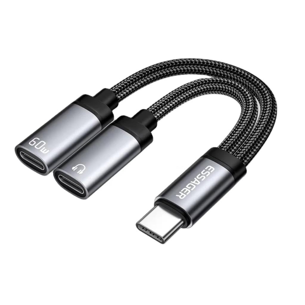 Essager 60W Şarj 2in1 Type-C to Type-C Dönüştürücü Çevirici Çoklayıcı Hızlı Şarj Type-C Kulaklık Çıkışı, Hifi Ses ve Hızlı Şarj Adaptörü