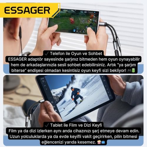 Essager 60W Şarj 2in1 Type-C to Type-C Dönüştürücü Çevirici Çoklayıcı Hızlı Şarj Type-C Kulaklık Çıkışı, Hifi Ses ve Hızlı Şarj Adaptörü