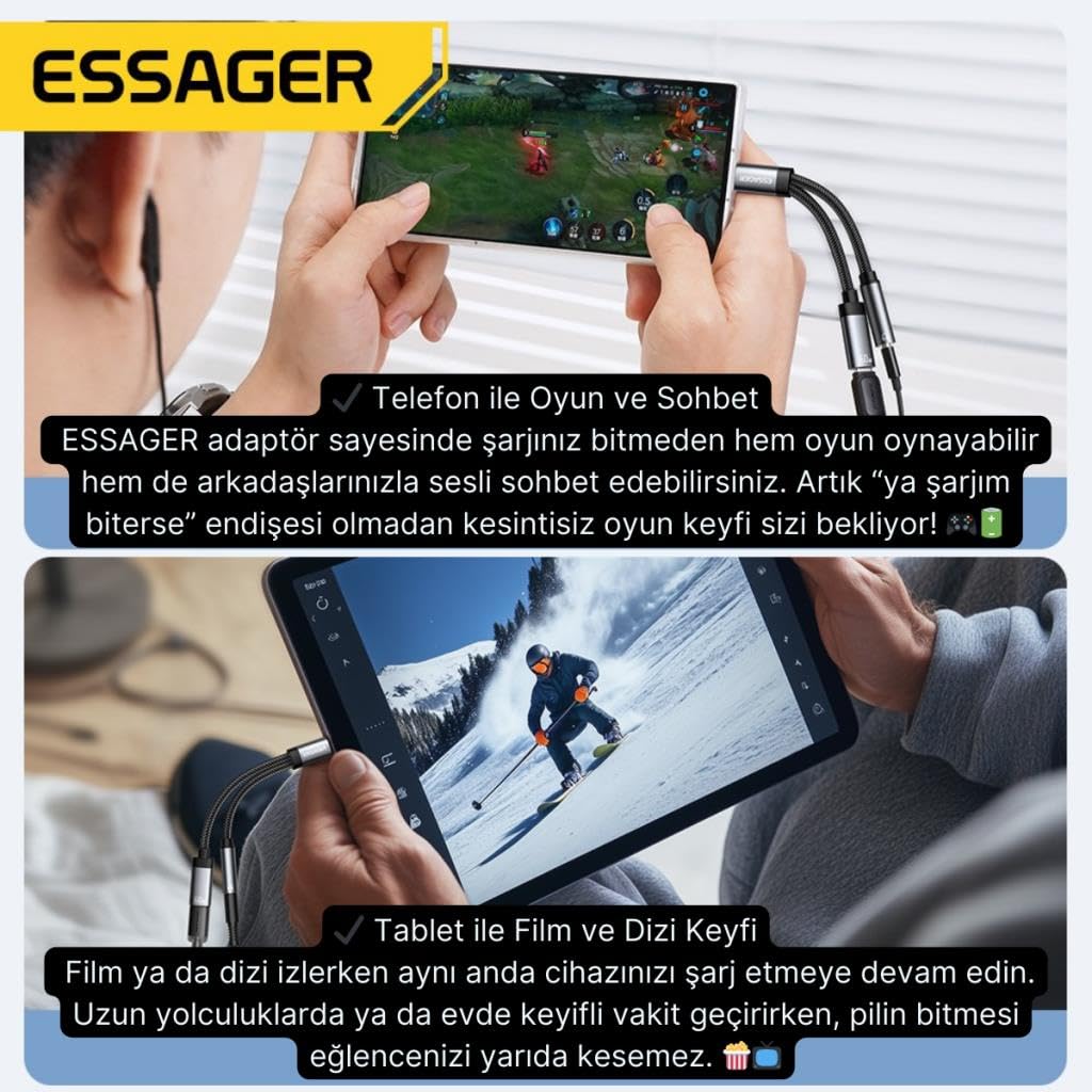 Essager 60W Şarj 2in1 Type-C to Type-C Dönüştürücü Çevirici Çoklayıcı Hızlı Şarj Type-C Kulaklık Çıkışı, Hifi Ses ve Hızlı Şarj Adaptörü