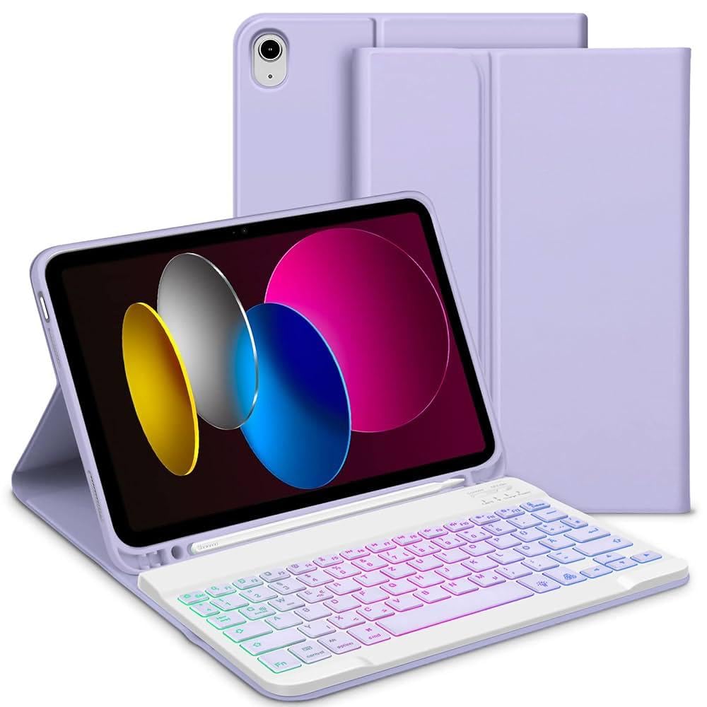 Fogy Ipad (A16) 10. Nesil 2022/2025 Uyumlu RGB Aydınlatmalı Işıklı Bluetooth Türkçe Q Klavyeli Kılıfı (Tablet Değildir) (Lila)