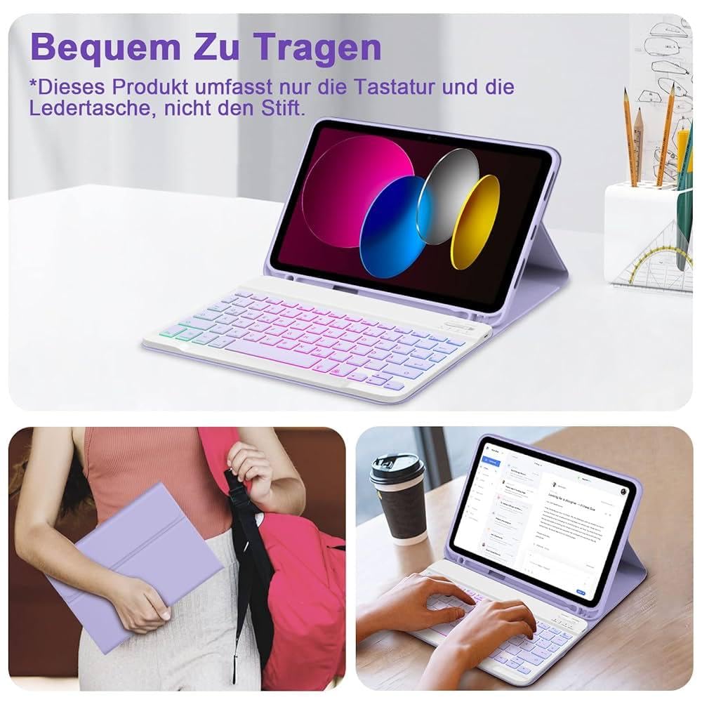 Fogy Ipad (A16) 10. Nesil 2022/2025 Uyumlu RGB Aydınlatmalı Işıklı Bluetooth Türkçe Q Klavyeli Kılıfı (Tablet Değildir) (Lila)
