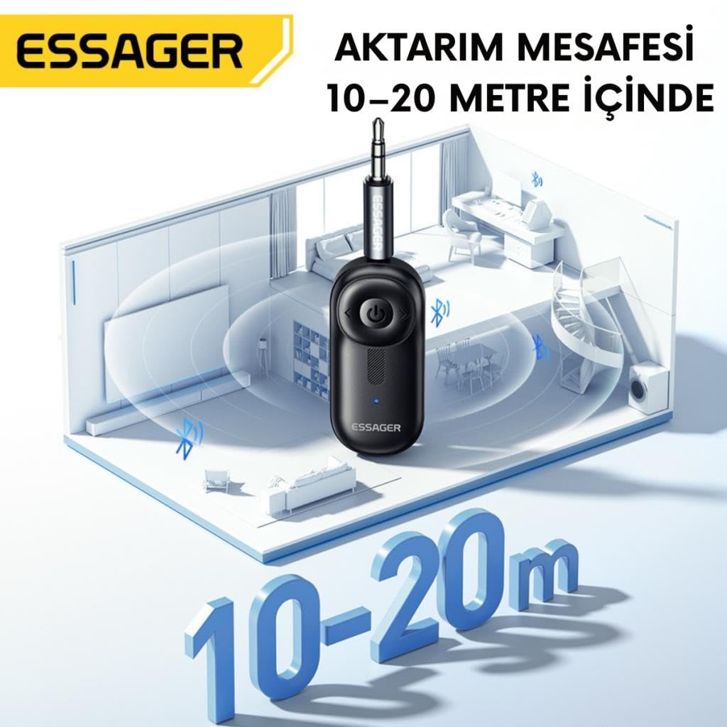 Essager Bluetooth 5.3 3.5mm Jack Aux Araç Ses Aktarım Kiti Fm Transmitter Kulaklık Araç Müzik Akratım Kiti