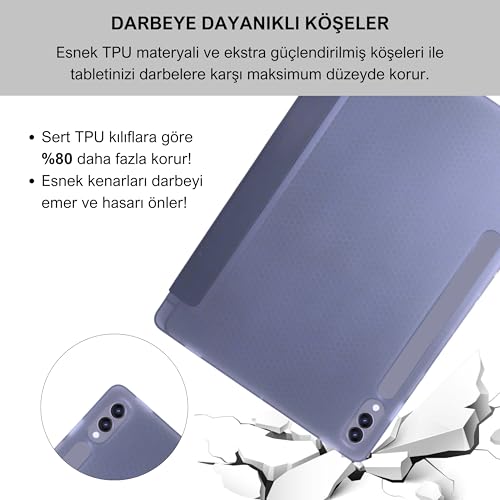 Klasse Samsung Galaxy Tab S9+ FE Plus 12.4 inç Uyumlu Smart Kılıf, S Pen Kalemlikli, Trifold, Esnek, Mat, Origami, Darbeye Tam Dayanıklı Tablet Kılıfı (Lila)