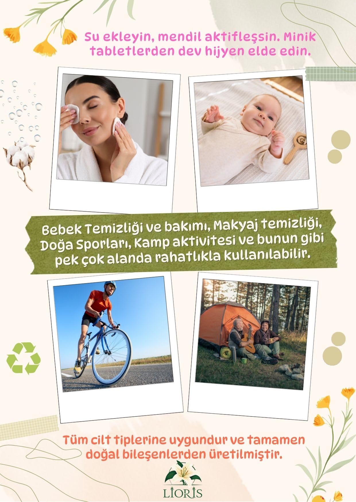 Lioris Suda Büyüyen Sıkıştırılmış Tablet Mendil, Tek Kullanımlık, Seyehat-Spor-Yürüyüş-Bebek Temizliği-Cilt Temizliği, Alkol ve Kimyasal İçermeyen, 25 Adet Tekli Ambalajlı Çanta Mendili