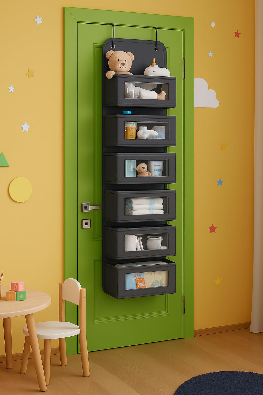 6 Katlı Kapı Arkası Düzenleyici Raf Bebek Eşyası Çocuk Odası Banyo Organizer (Antrasit)