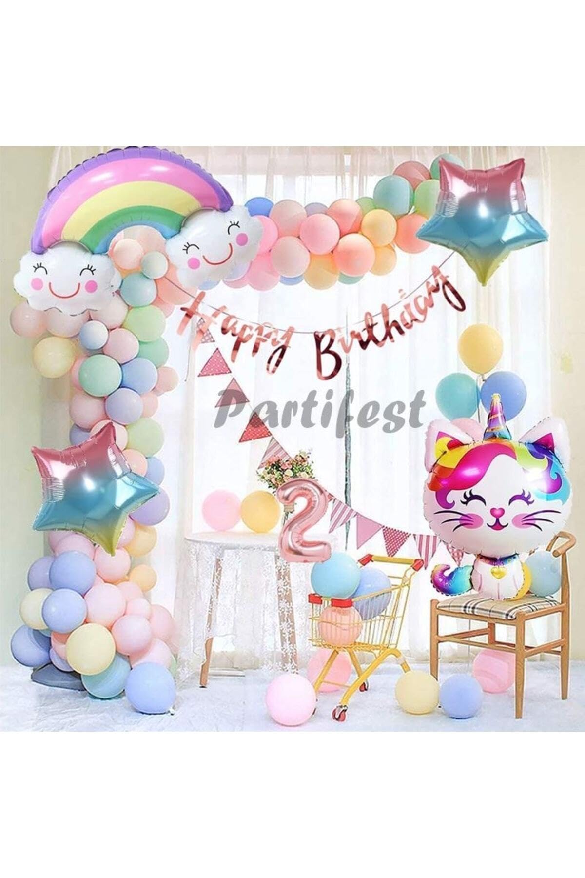 Parti Station Unicorn Kedi Kitty Temalı 2 Yaş Balon Seti Doğum Günü Dekorasyonu