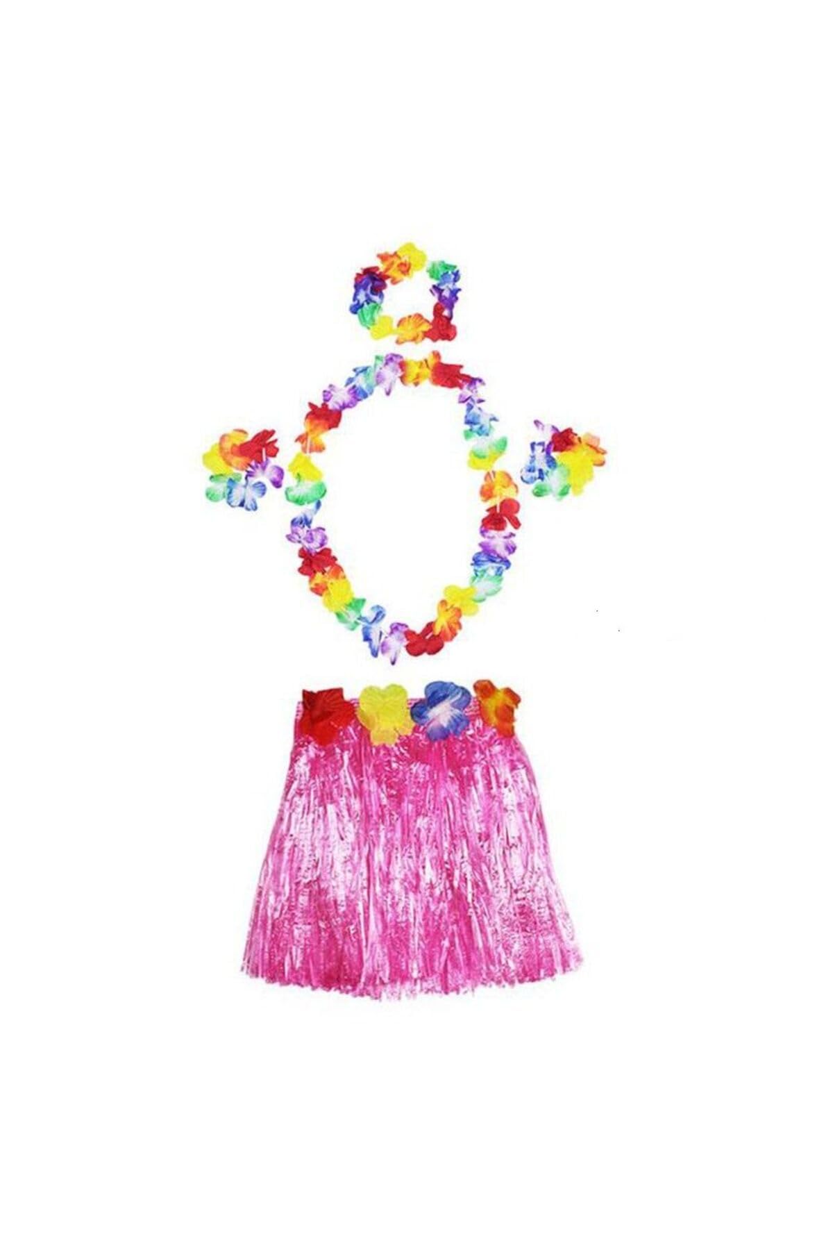 MiyanGo(4261) Yetişkin ve Çocuk Uyumlu Luau Aloha Hawaii Pembe Etek ve Renkli Kolye Taç 2 Adet Bileklik Seti Çok renkli