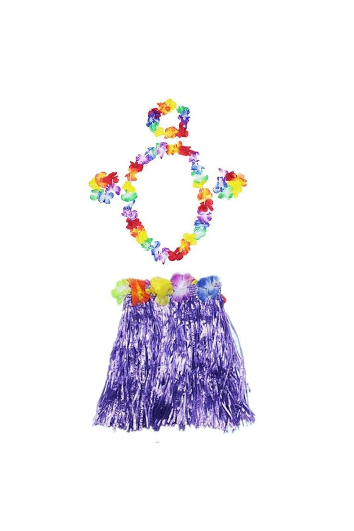 MiyanGo(4194) Luau Aloha Hawaii Kolye Etek Taç ve Bileklik Seti Mor Çok Renkli