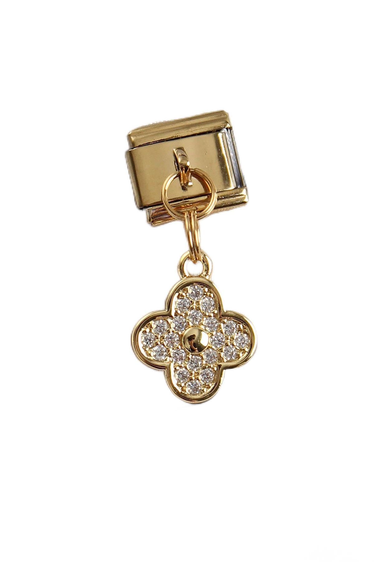MiyanGo(2725) 316L Çelik Sallantılı Zirkon Taşlı Yonca Model Gold Renk Nomination Charm - TJ-BC1405 Çok Renkli Tek Ebat