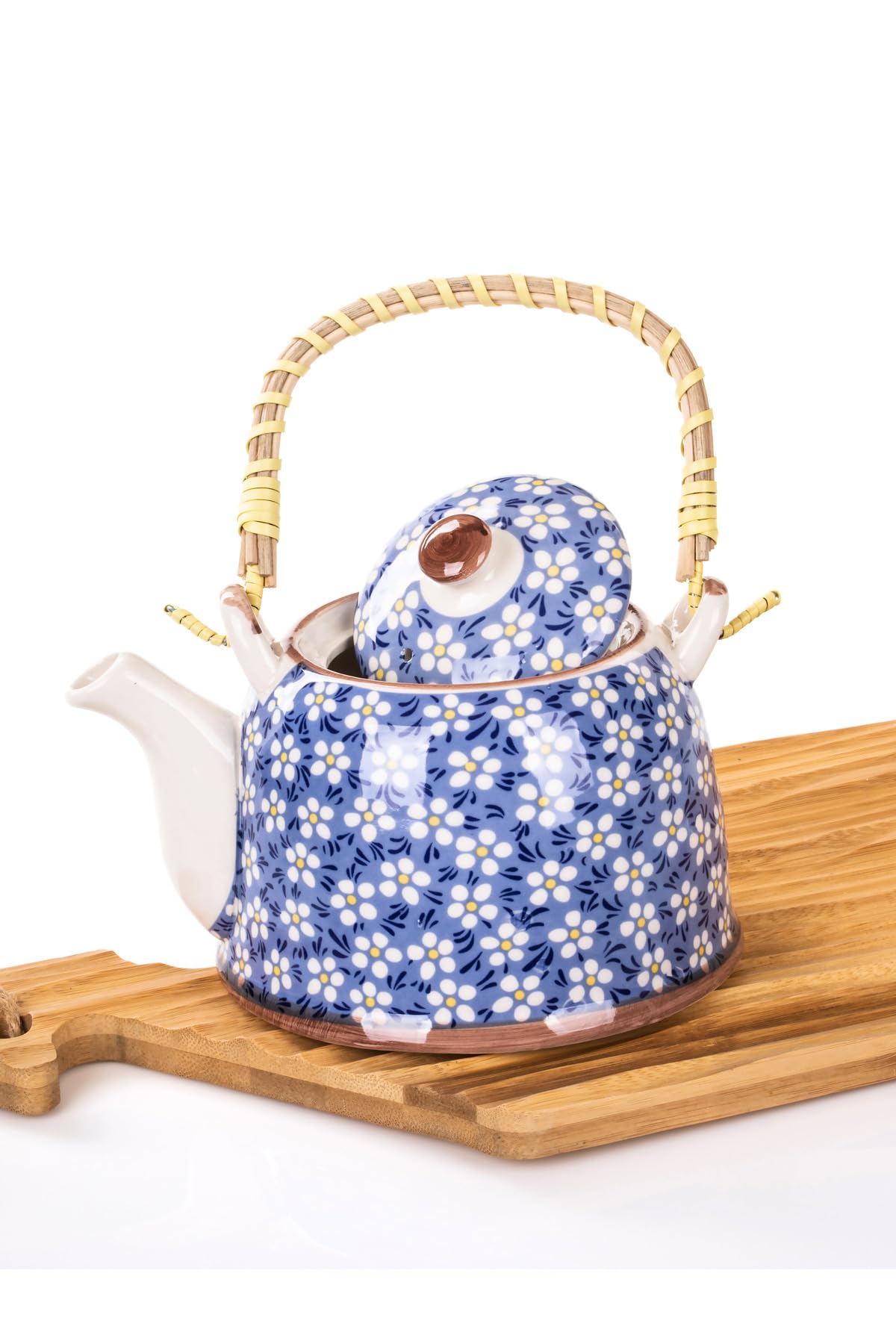 Mukko Home Hasır Saplı Porselen Demlik Çiçek Desenli, 900Ml Çay, Kahve, Bitki Çayı Sunum, FAN17