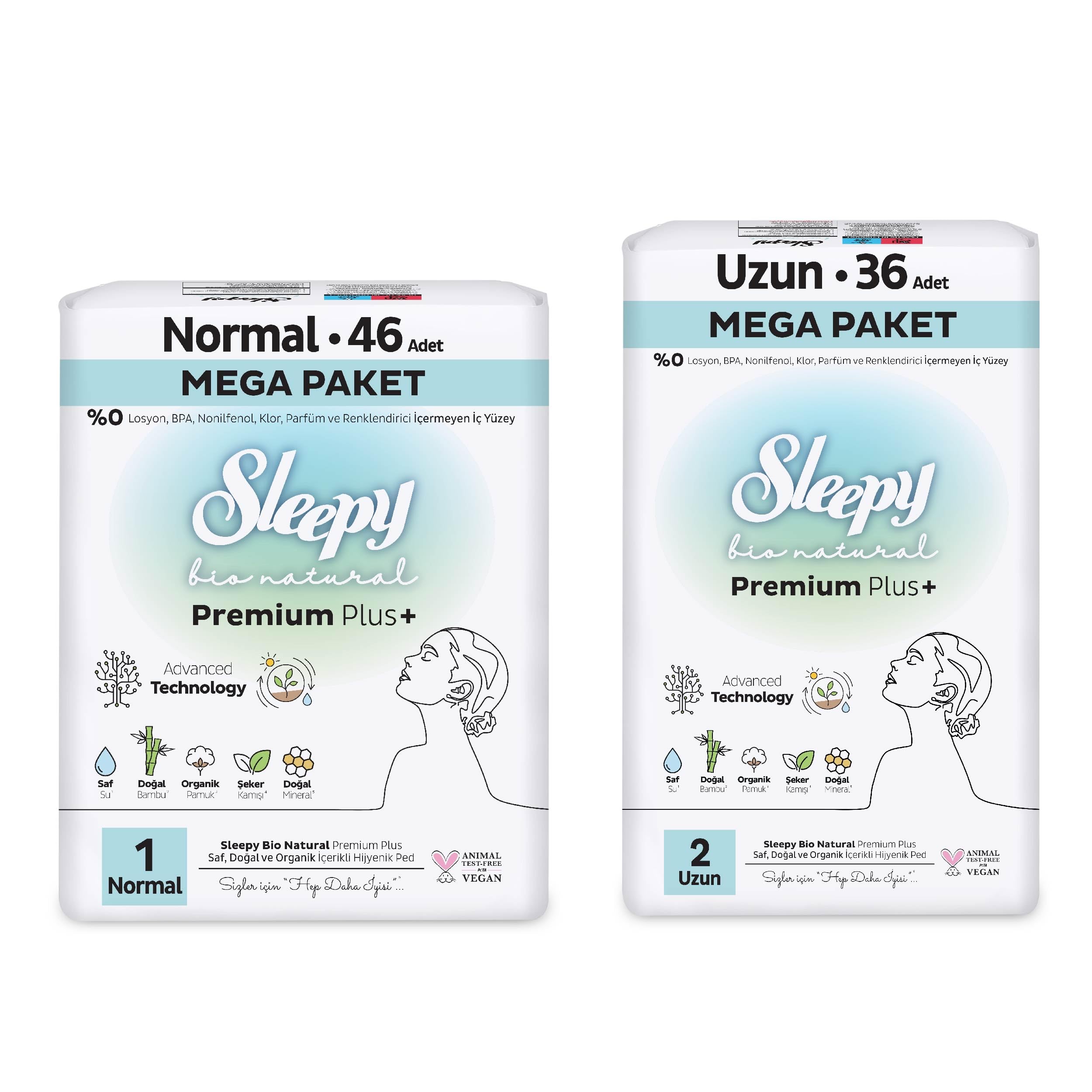 Sleepy Bio Natural Premium Plus Hijyenik Ped Mega Paket Normal 46 Adet+Uzun 36 Adet+Cüzdan Hediyeli