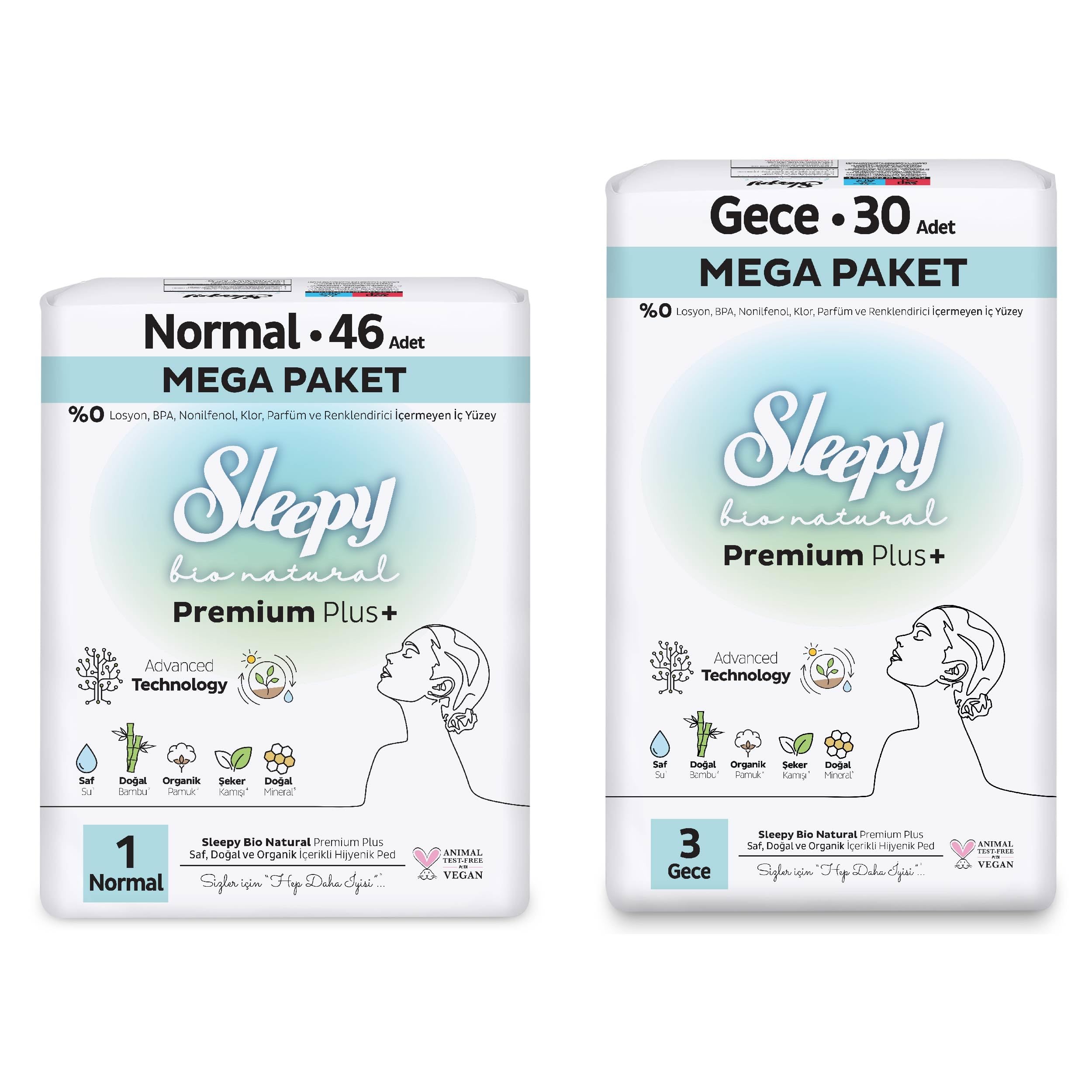 Sleepy Bio Natural Premium Plus Hijyenik Ped Mega Paket Normal 46 Adet+Gece 30 Adet+Cüzdan Hediyeli
