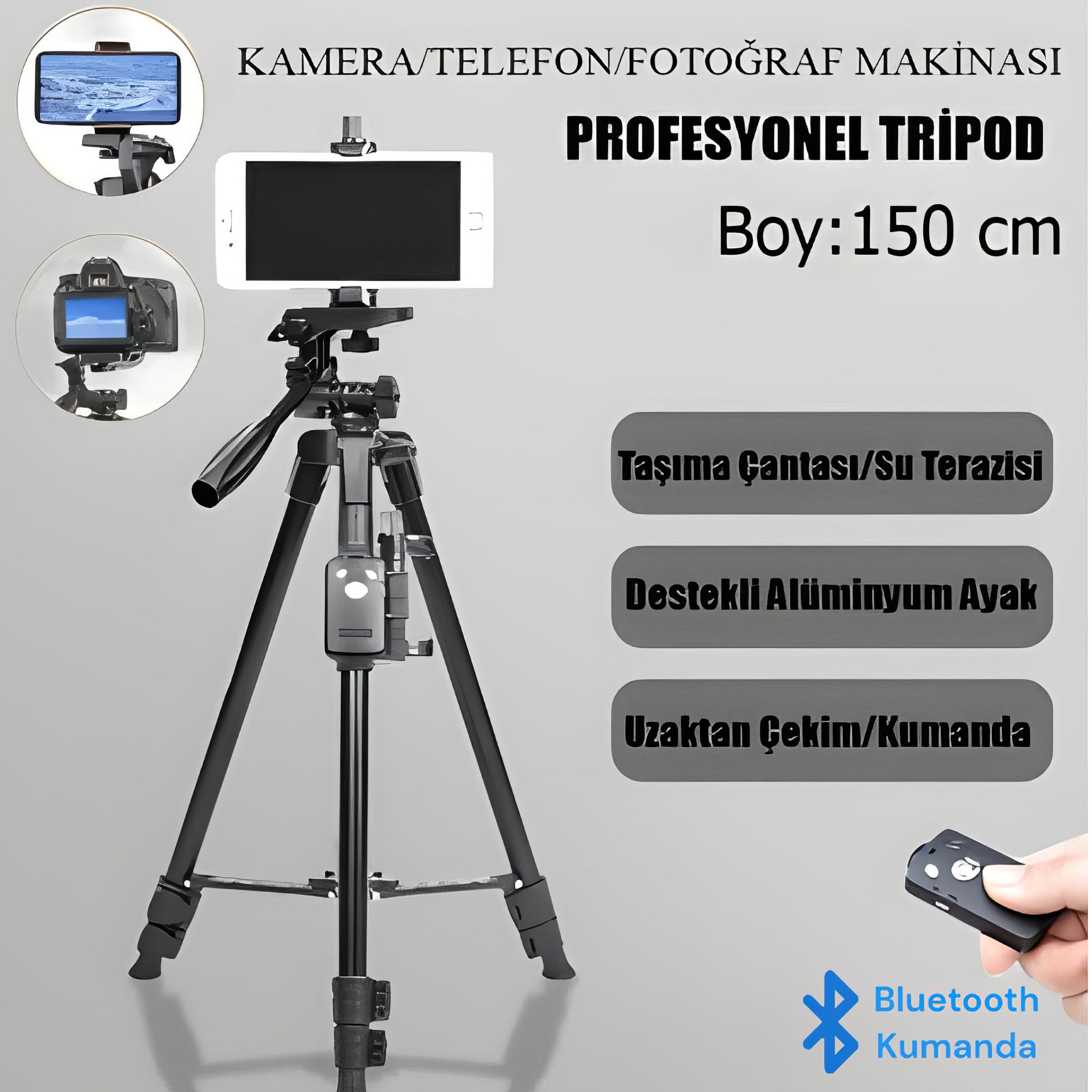 Infomax® Profesyonel Tripod 150 cm, 3 Yönlü ve 360° Döner Kafa,Katlanabilir Tripod Telefon Tutucu, B