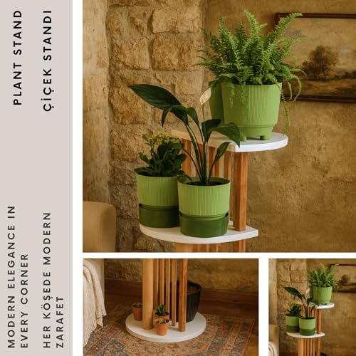 Modern Ahşap Bitki Standı İç Mekan Çiçek Rafı, Oturma Odası, Balkon ve Bahçe için Çok Katmanlı Köşe Bitki Tutacağı, Birden Fazla Saksı için Dekoratif Bitki Düzenleyici Raf, Beyaz ve Doğal Ahşap