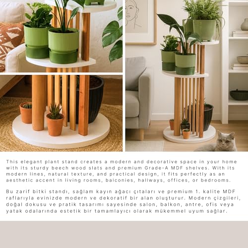 Modern Ahşap Bitki Standı İç Mekan Çiçek Rafı, Oturma Odası, Balkon ve Bahçe için Çok Katmanlı Köşe Bitki Tutacağı, Birden Fazla Saksı için Dekoratif Bitki Düzenleyici Raf, Beyaz ve Doğal Ahşap