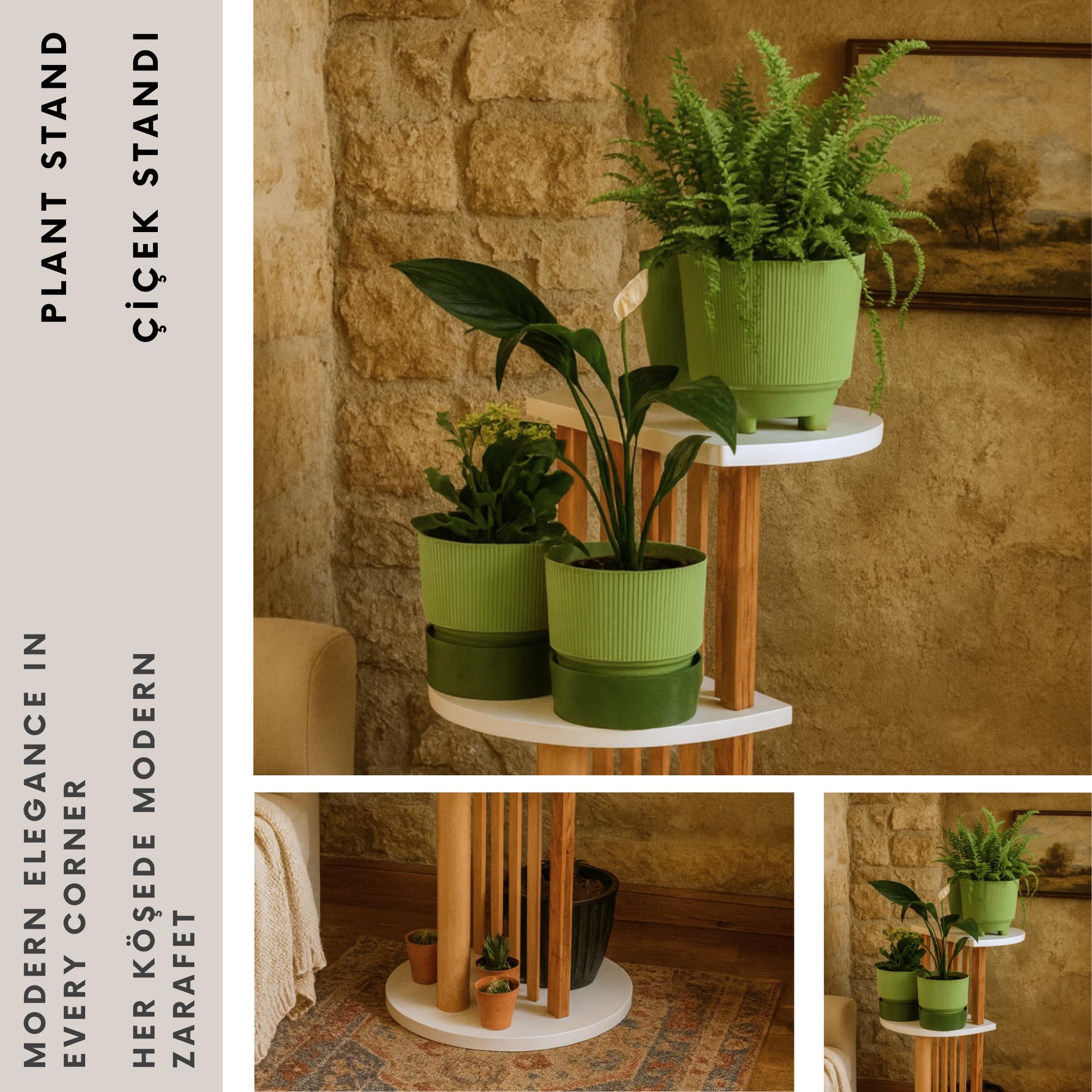 Modern Ahşap Bitki Standı İç Mekan Çiçek Rafı, Oturma Odası, Balkon ve Bahçe için Çok Katmanlı Köşe Bitki Tutacağı, Birden Fazla Saksı için Dekoratif Bitki Düzenleyici Raf, Beyaz ve Doğal Ahşap
