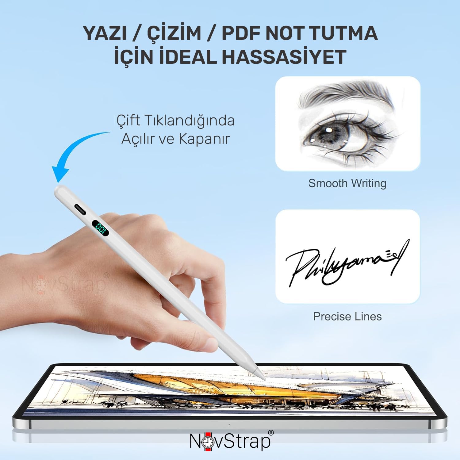 NovStrap iPad A16 11 Nesil 10. Nesil 10.9 ile Uyumlu Dokunmatik Tablet Kalemi Pen DZ915 Şarj Ekranlı Avuç İçi Reddi Stylus