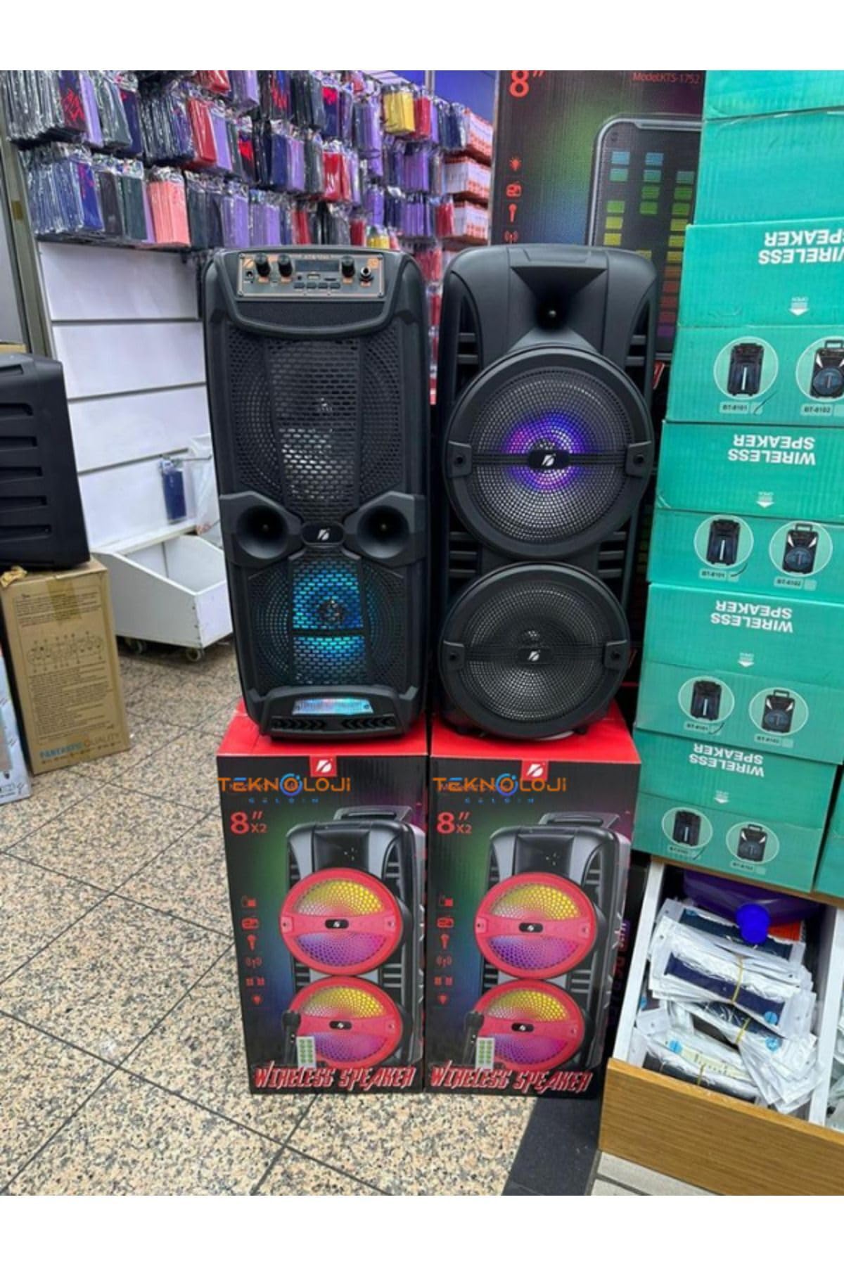 Teknoloji Gelsin Bluetooth Parti Hoparlörü, 8 İnç Çift Monitör Hoparlör, LED Işıklı, Mikrofonlu, 60cm, Aux/FM/USB Bağlantılı, 10x7x6 cm