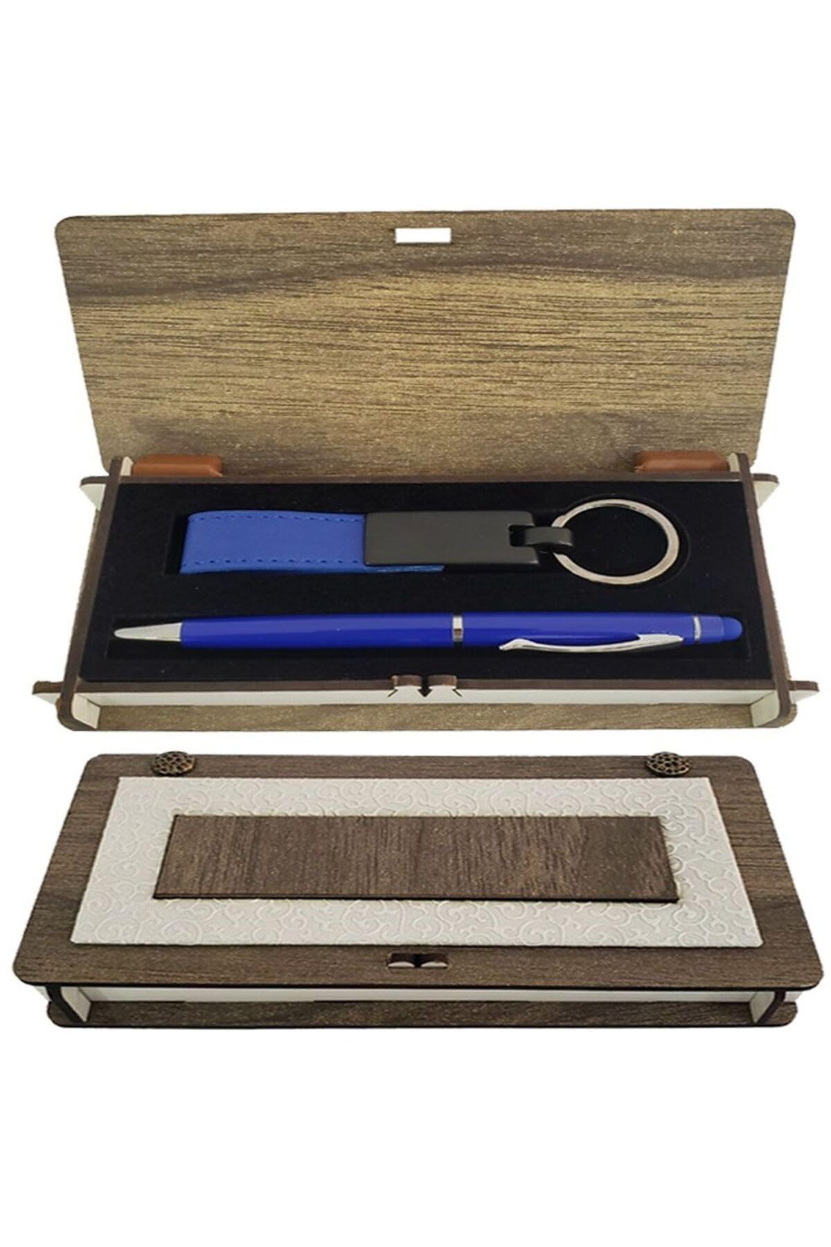 MiyanGo(5259) Ahşap Kutulu Mavi Kalem Anahtarlık Set
