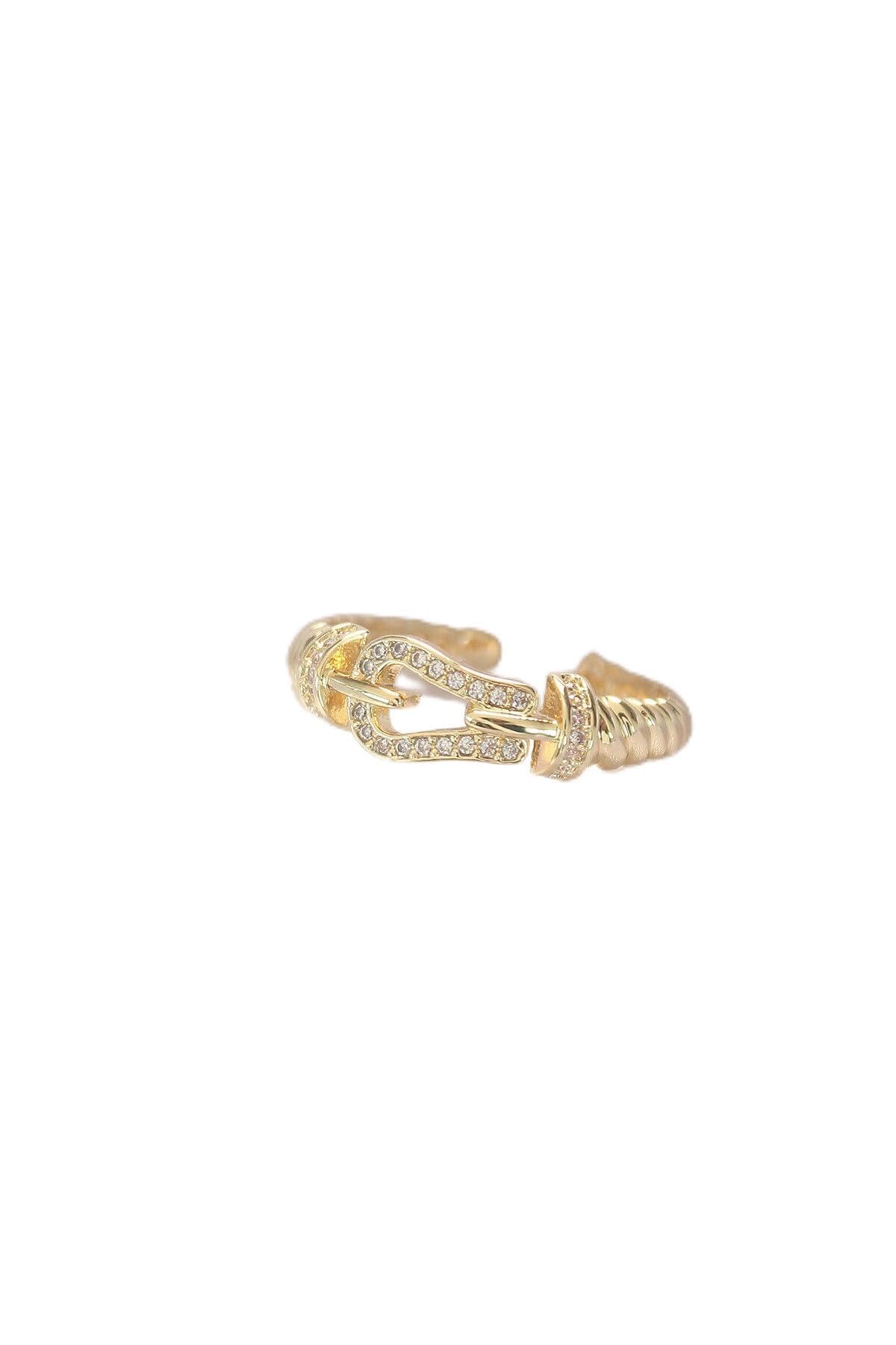 MiyanGo(1989) Kemer Tokası Tasarımlı Gold Renk Zirkon Taşlı Ayarlanabilir Yüzük - TJ-BYK3099 Siyah Tek Ebat