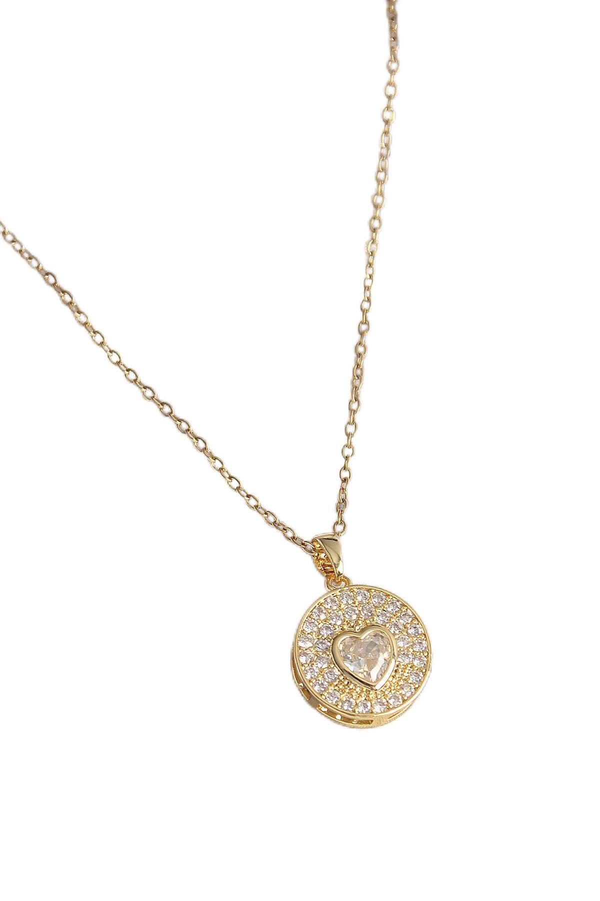 MiyanGo(1001) 316L Çelik Gold Renk Zincir Madalyon Zirkon Taşlı Kalp Model Kadın Kolye - TJ-BKO9946 Çok Renkli Tek Ebat