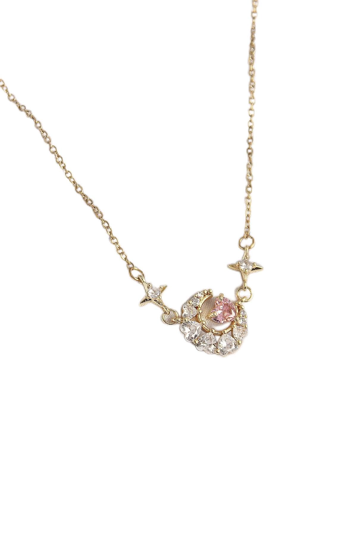 MiyanGo(1005) 316L Çelik Gold Renk Zirkon Taşlı Hilal Pembe Kalp Model Kadın Kolye Çok Renkli Tek Ebat