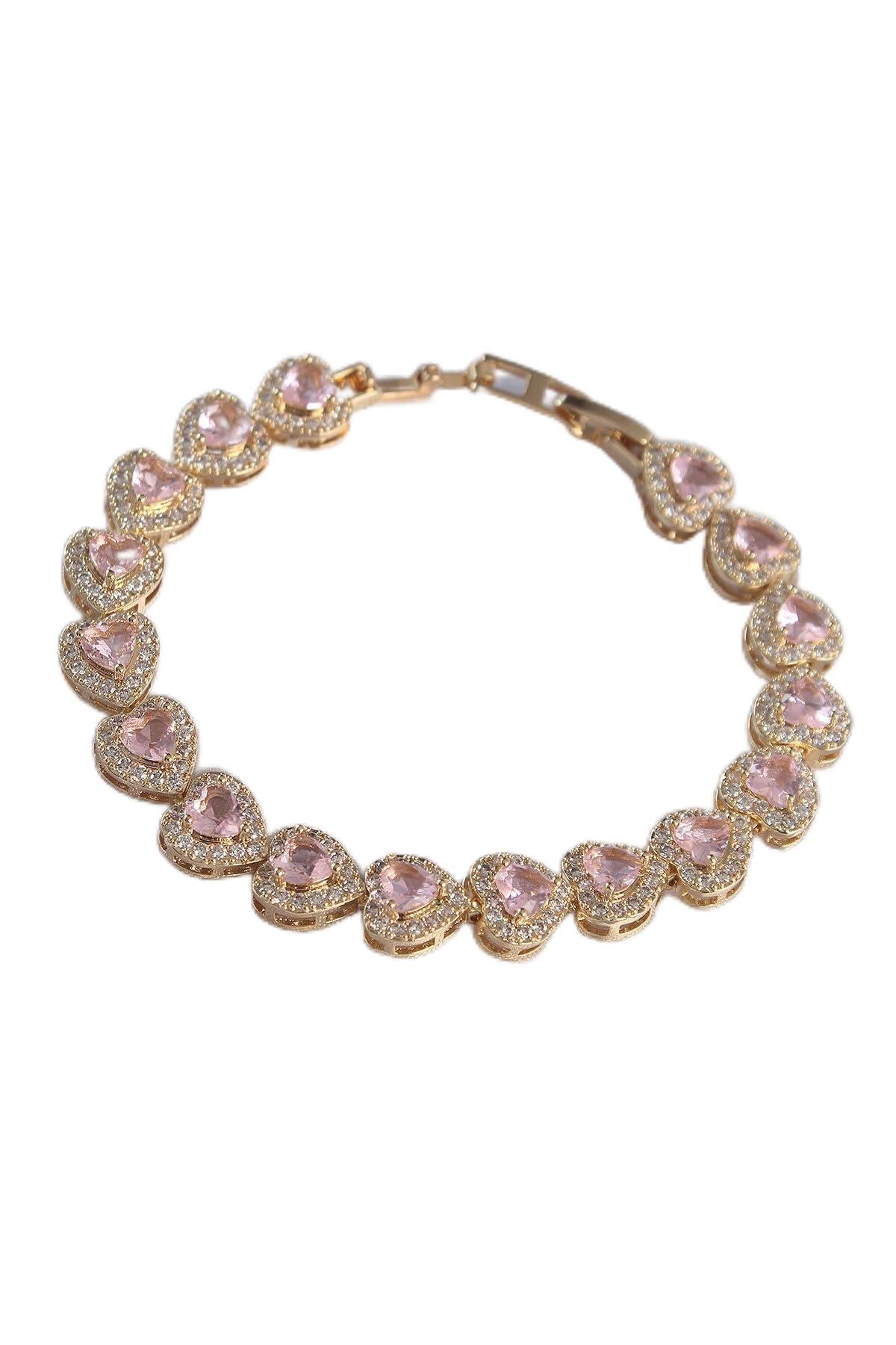 MiyanGo(689) Vip Seri Pirinç Gold Renk Pembe Zirkon Taşlı Kalp Tasarımlı Bileklik - TJ-BB6127 Gümüş Tek Ebat