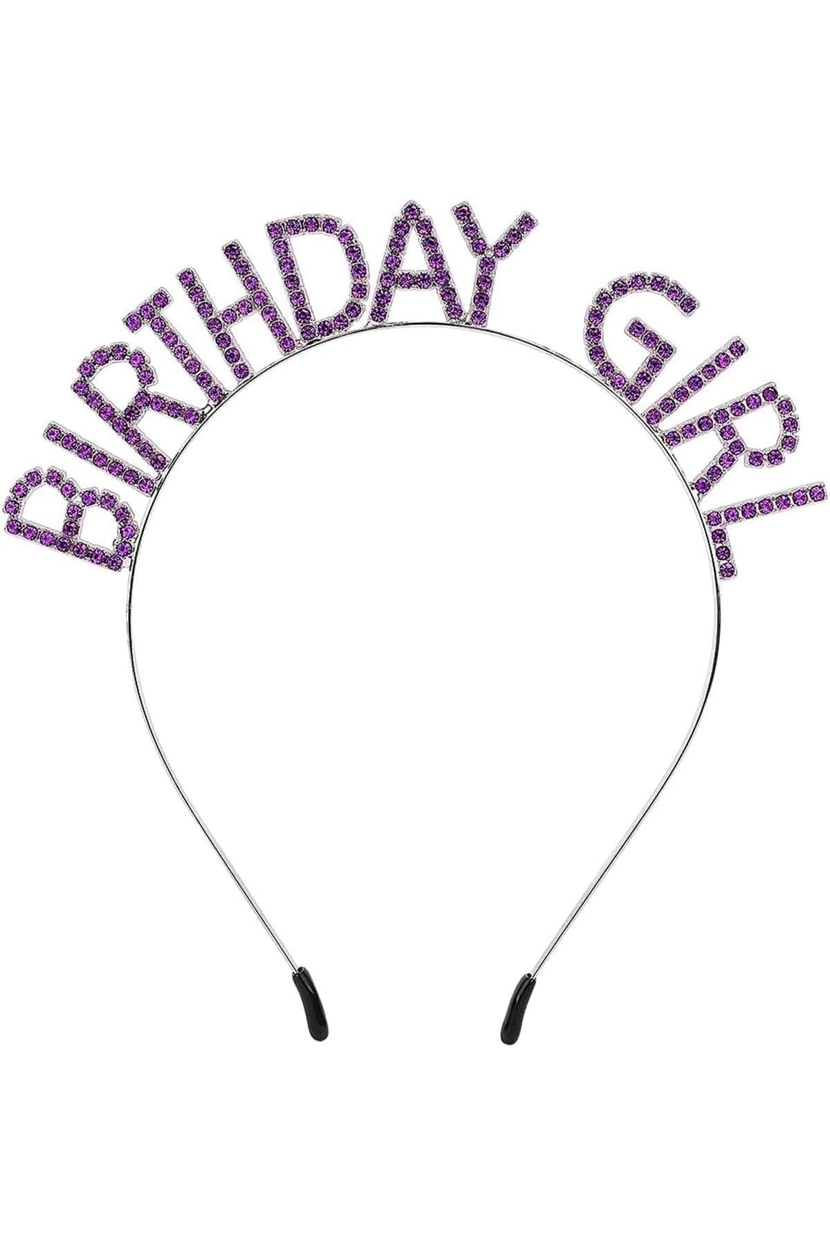 MiyanGo(7298) Mor Renk Kristal Taşlı Parlak Birthday Girl Yazılı Taç 16x17 cm