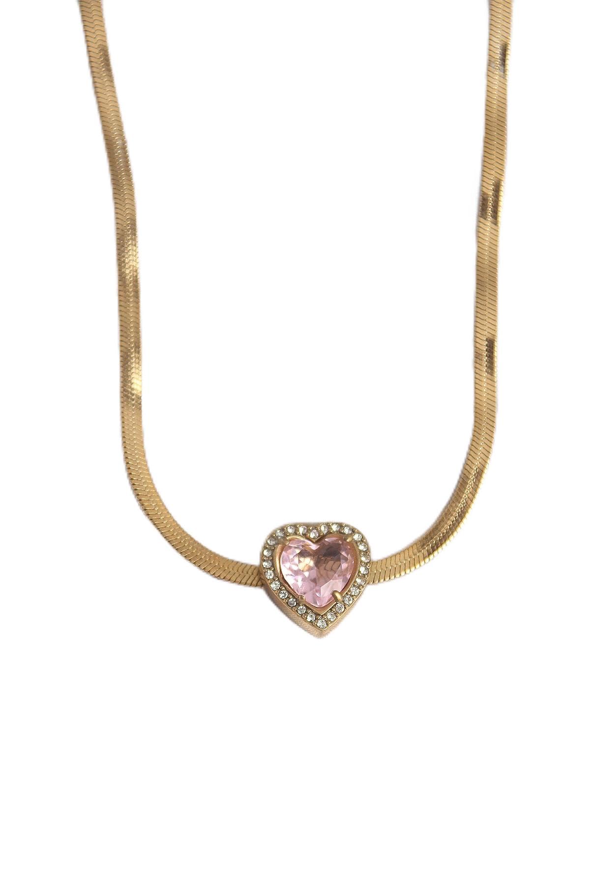 MiyanGo(975) 316L Çelik Gold Renk İtalyan Zincir Pembe Zirkon Taşlı Kalp Model Kadın Kolye - TJ-BKO10120 Çok Renkli Tek Ebat