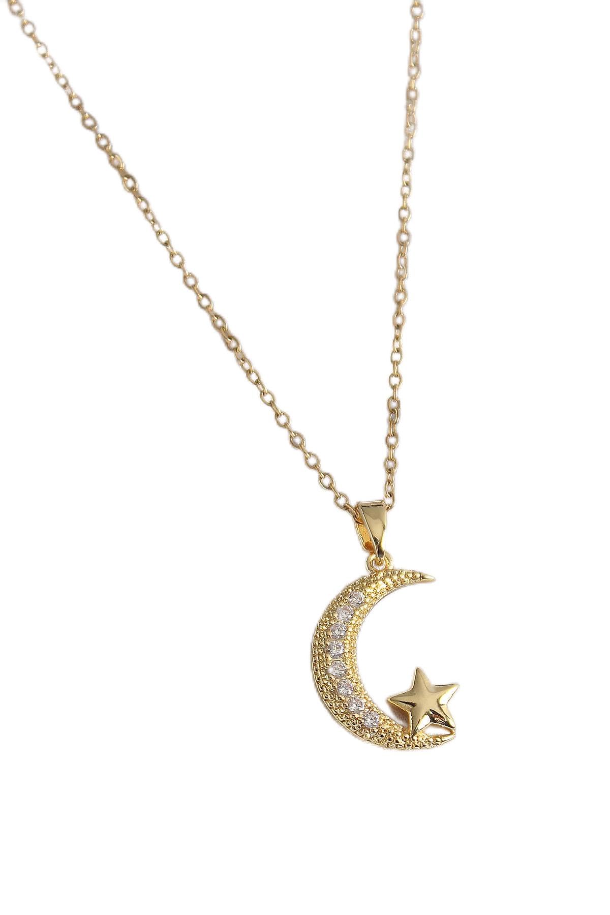 MiyanGo(1345) 316L Çelik Gold Renk Zincir Zirkon Taşlı Hilal Model Yıldız Detay Kadın Kolye - TJ-BKO9654 Çok Renkli Tek Ebat