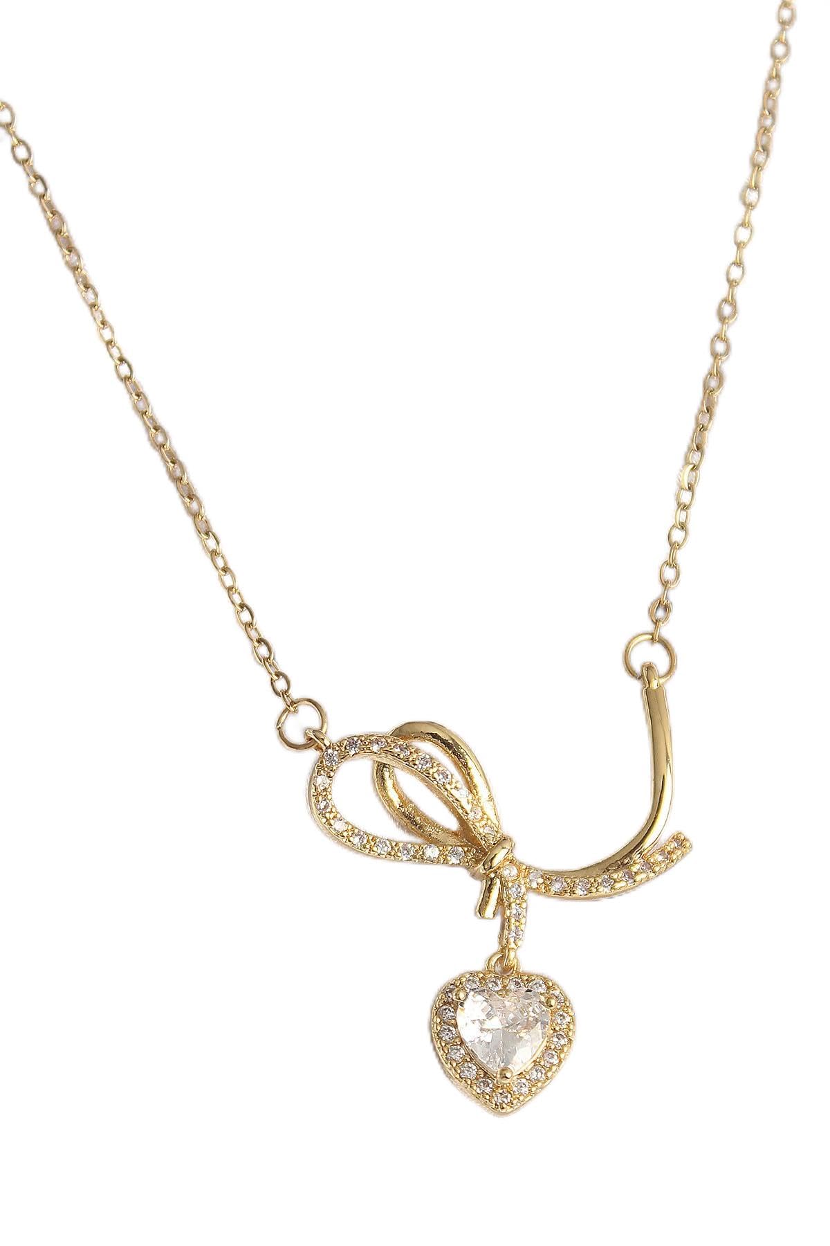 MiyanGo(1075) 316L Çelik Gold Renk Zincir Zirkon Taşlı Düğüm Sallantı Kalp Model Kadın Kolye - TJ-BK
