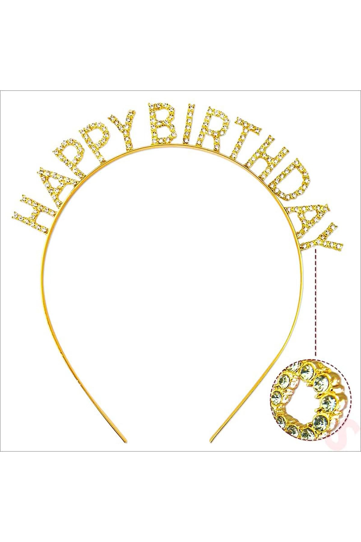 MiyanGo(7418) Altın Gold Renk Kristal Taşlı Parlak Happy Birthday Taç 16x17 cm
