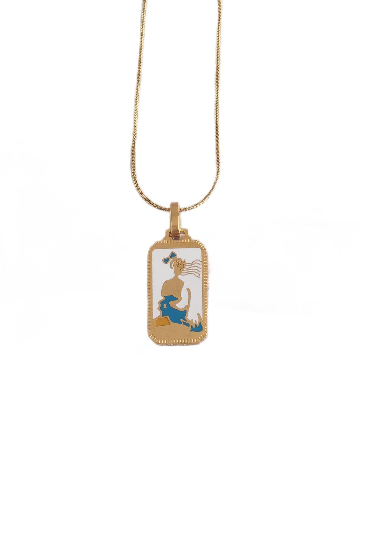MiyanGo(1572) 316L Çelik Gold Renk Beyaz Mineli Kız Figür Tarot Kolye - TJ-BKO9027 Çok Renkli Tek Ebat