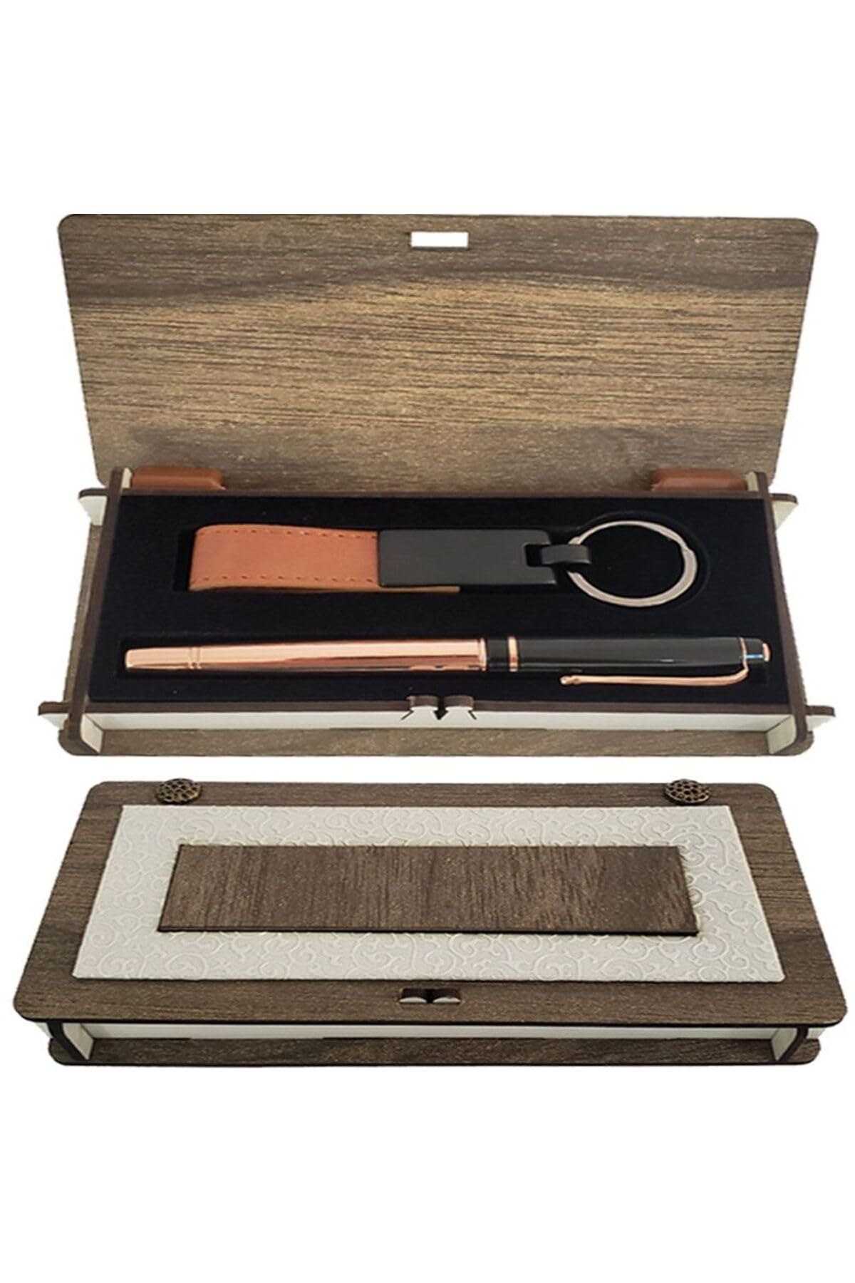 MiyanGo(5270) Ahşap Kutulu Bakır Kalem Anahtarlık Set